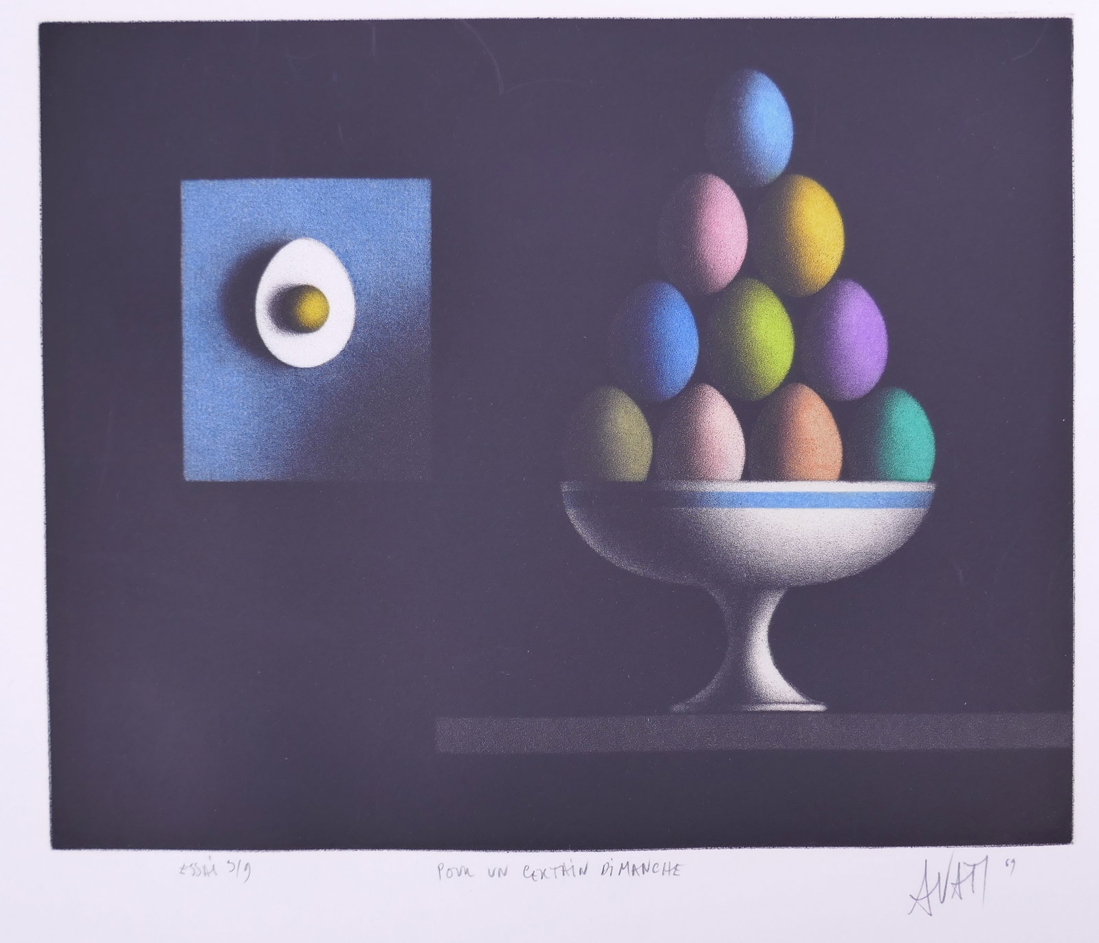 Mario Avati (French, 1921–2009), Pour un Certain Dimanche, 1969 Color Mezzotint, Essai 5/9: Mario Avati (French, born Monaco, 1921–2009) was a painter and printmaker active in Paris and best known for his mastery of mezzotint, a demanding intaglio process highlighting shape and light. Avat