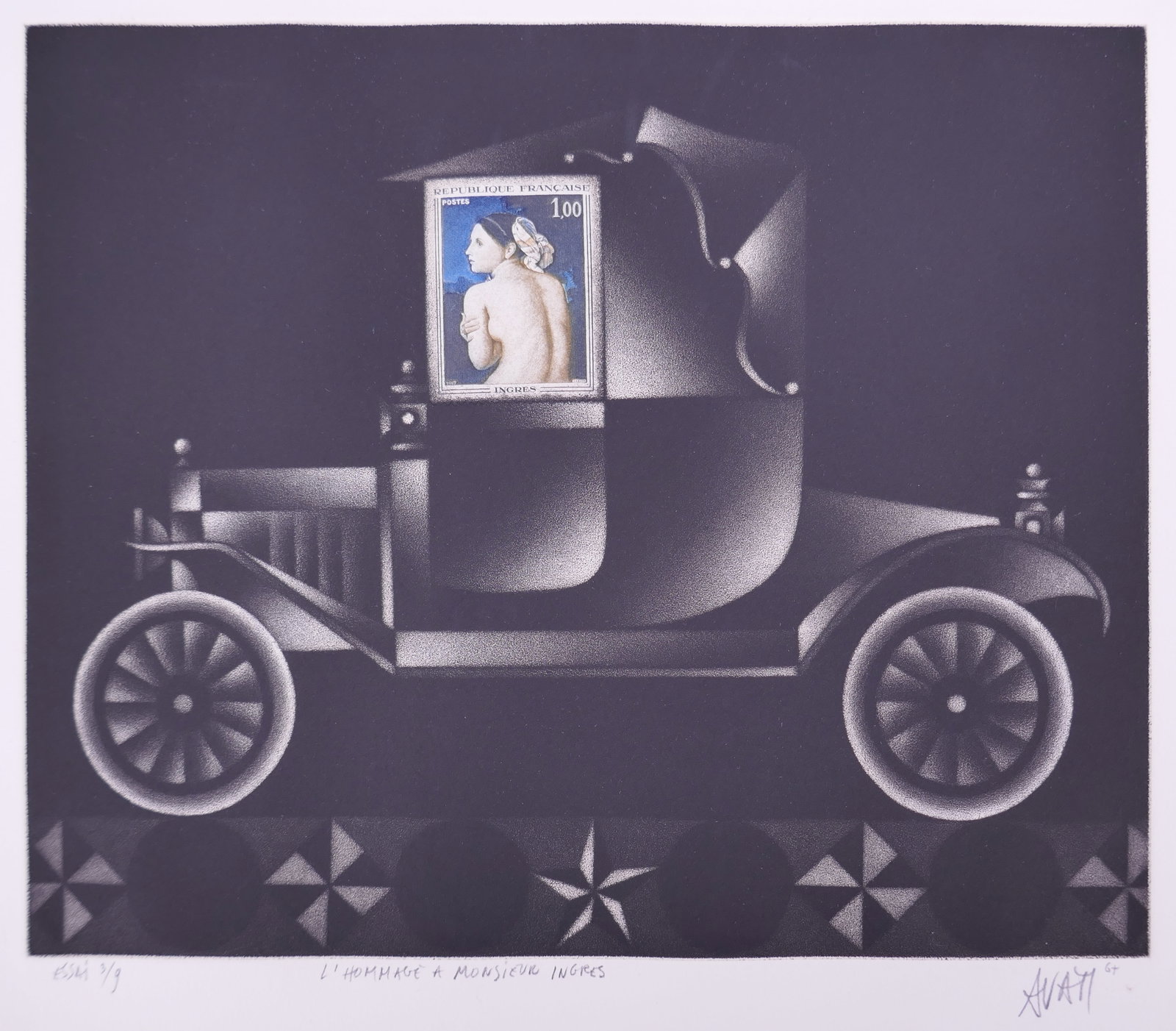 Mario Avati (French, 1921–2009), L’Hommage à Monsieur Ingres, 1967 Color Mezzotint: Mario Avati (French, born Monaco, 1921–2009) was a painter and printmaker active in Paris and best known for his mastery of mezzotint, a demanding intaglio process highlighting shape and light. Avat