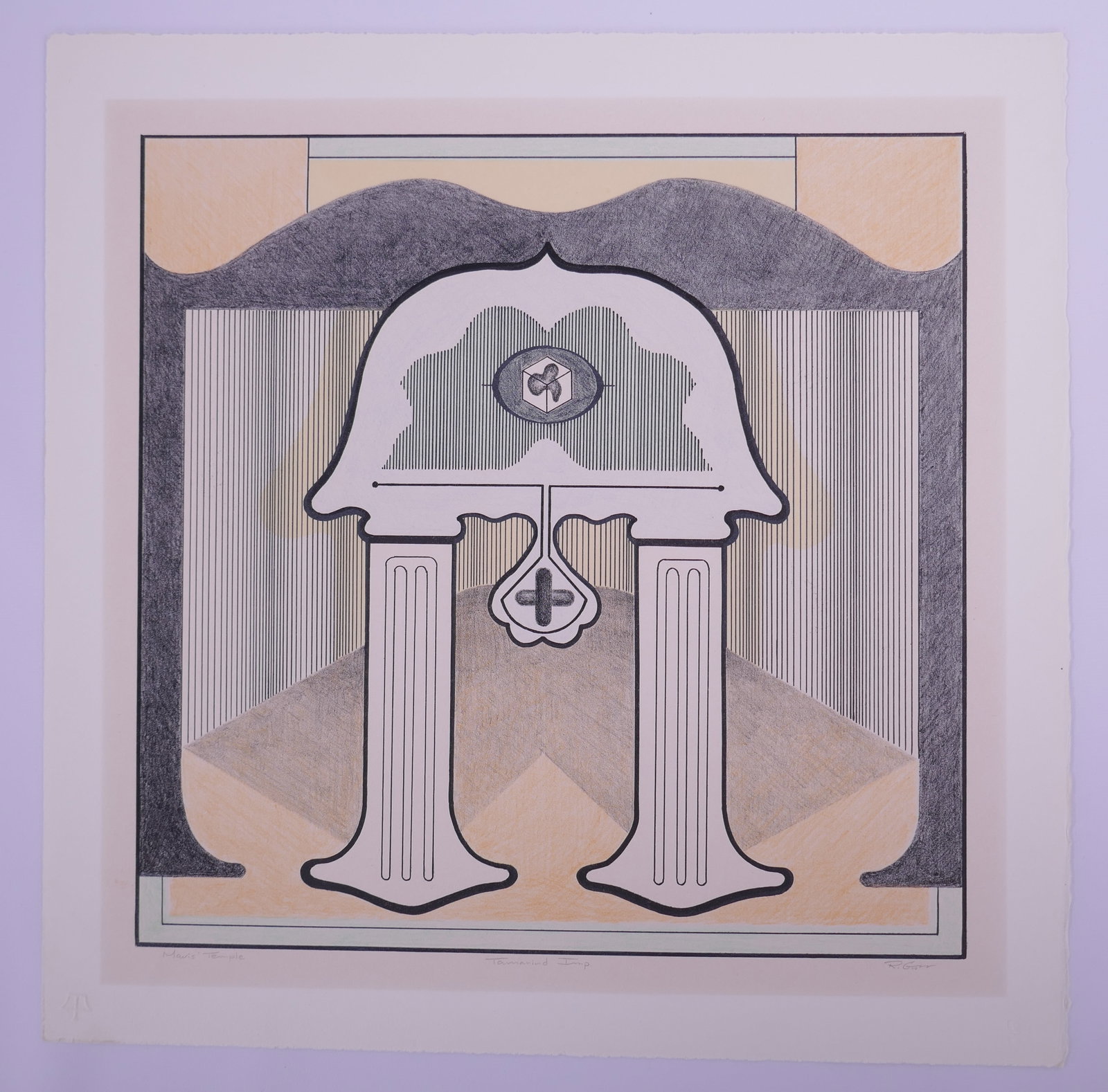 Ronald L. Grow (American, 1934–2012), Mavis’ Temple, 1965 Color Lithograph: Ronald L. Grow (American, 1934–2012) was an Ohio-born sculptor, printmaker, and educator who earned his M.A. from UCLA and taught sculpture at the University of New Mexico and the Maryland Institute