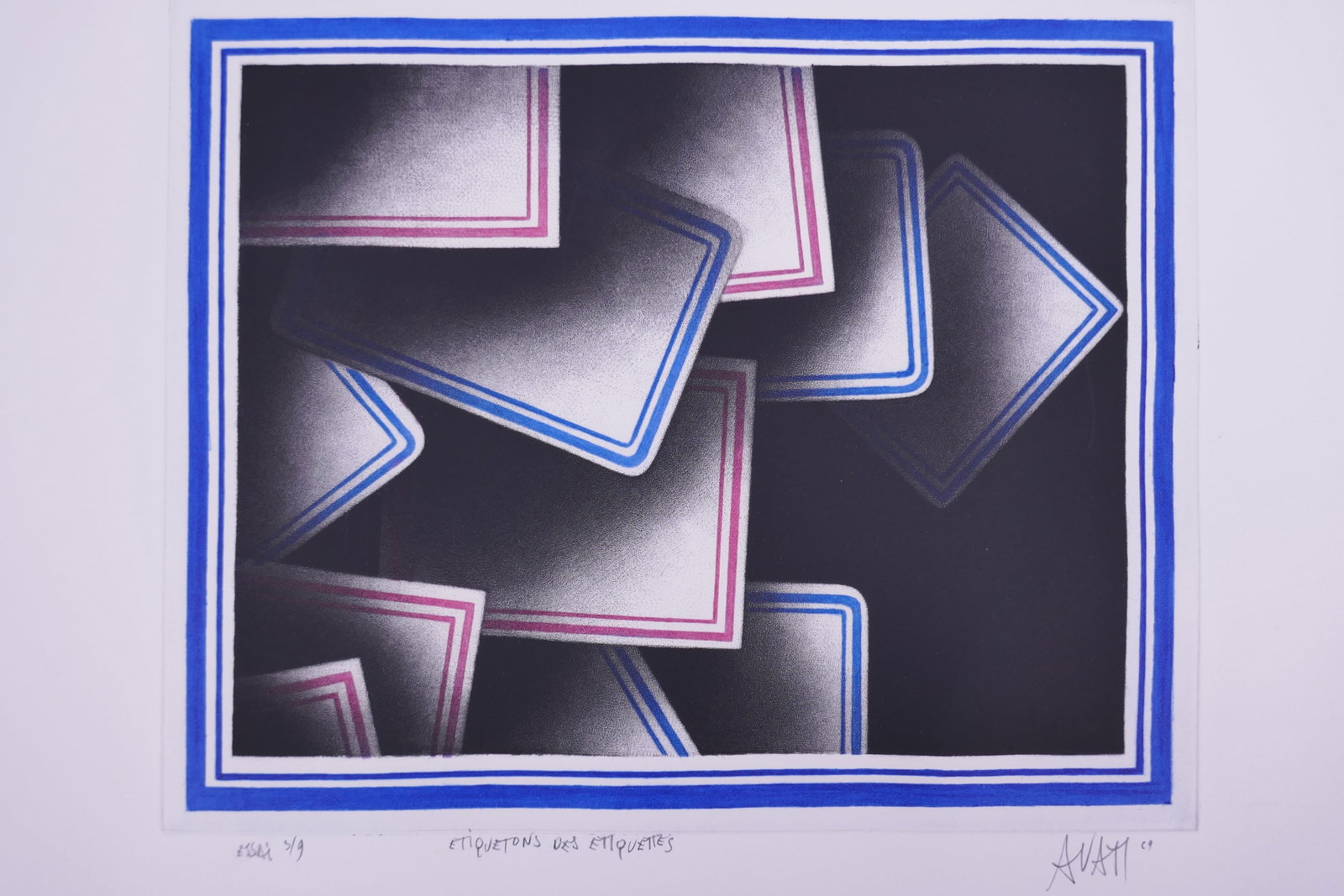 Mario Avati (French, 1921–2009), Étiquetons des étiquettes, 1969 Color Mezzotint: Mario Avati (French, born Monaco, 1921–2009) was a painter and printmaker active in Paris and best known for his mastery of mezzotint, a demanding intaglio process highlighting shape and light. Avat