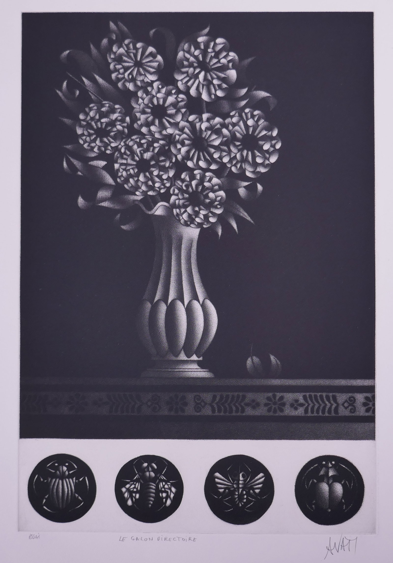 Mario Avati (French, 1921–2009), Le galon Directoire, 1966 Mezzotint: Mario Avati (French, born Monaco, 1921–2009) was a painter and printmaker active in Paris and best known for his mastery of mezzotint, a demanding intaglio process highlighting shape and light. Avat