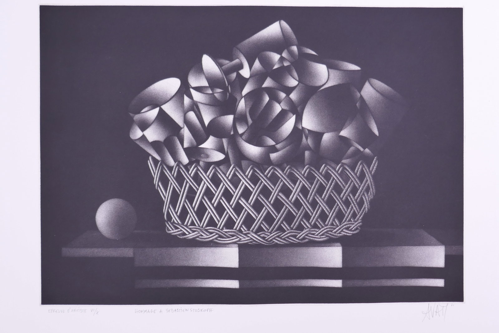 Mario Avati (French, 1921–2009), Hommage à Sébastien Stoskopff, 1966 Mezzotint: Mario Avati (French, born Monaco, 1921–2009) was a painter and printmaker active in Paris and best known for his mastery of mezzotint, a demanding intaglio process highlighting shape and light. Avat