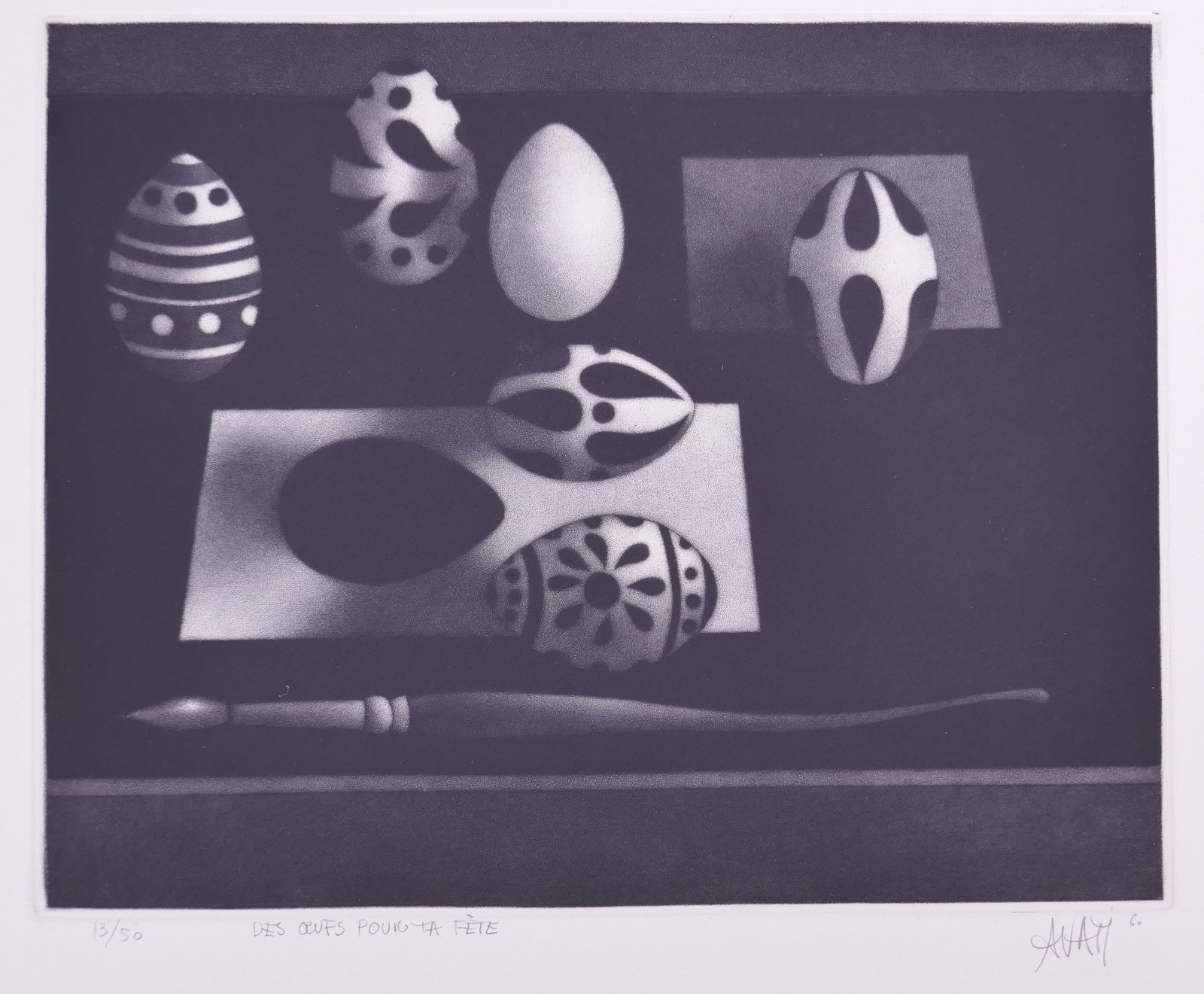 Mario Avati (French, 1921–2009), Des Oeufs pour ta fête, 1960 Mezzotint: Mario Avati (French, born Monaco, 1921–2009) was a painter and printmaker active in Paris and best known for his mastery of mezzotint, a demanding intaglio process highlighting shape and light. Avat