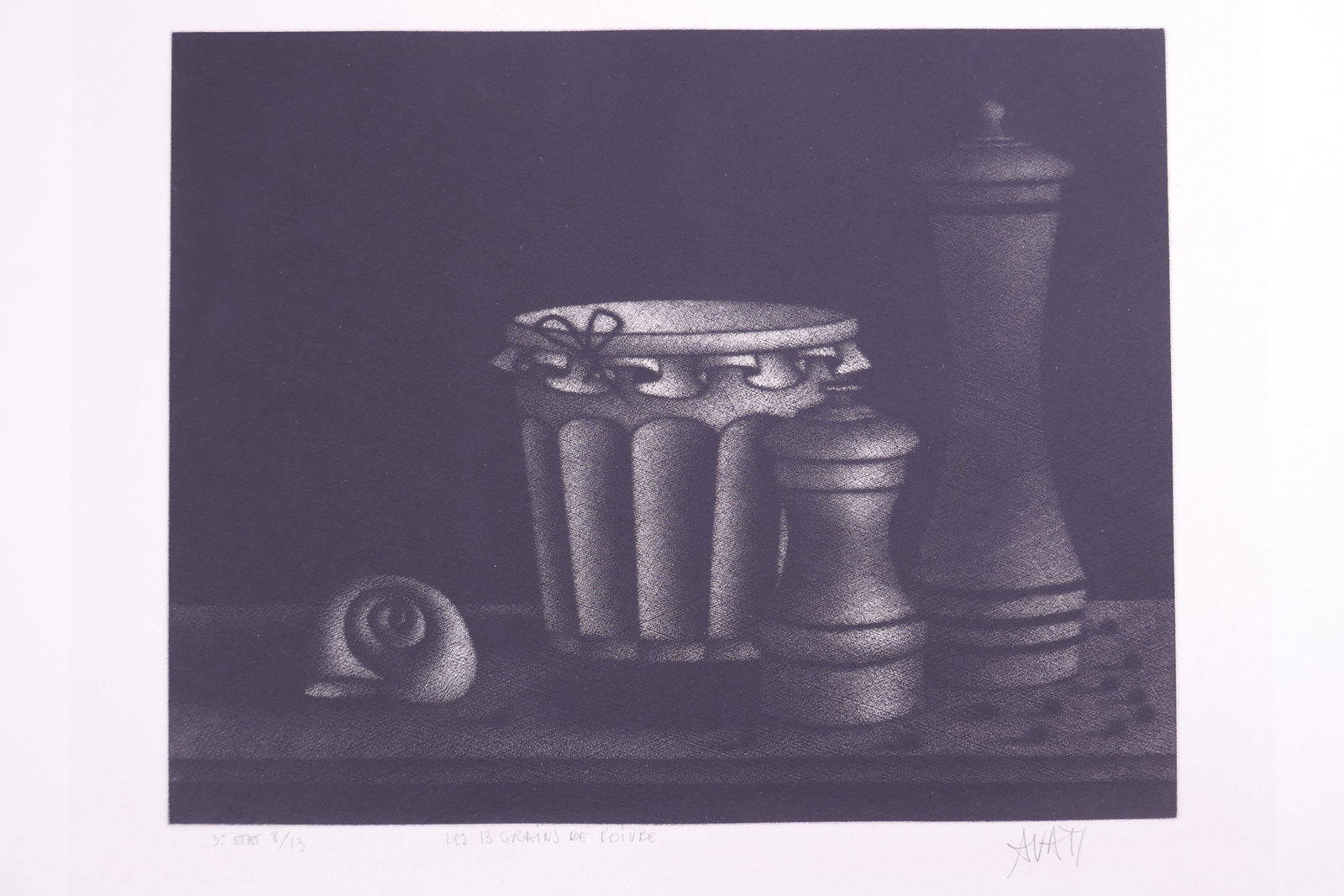 Mario Avati (French, 1921–2009), Les treize grains de poivre, 1962 Mezzotint: Mario Avati (French, born Monaco, 1921–2009) was a painter and printmaker active in Paris and best known for his mastery of mezzotint, a demanding intaglio process highlighting shape and light. Avat