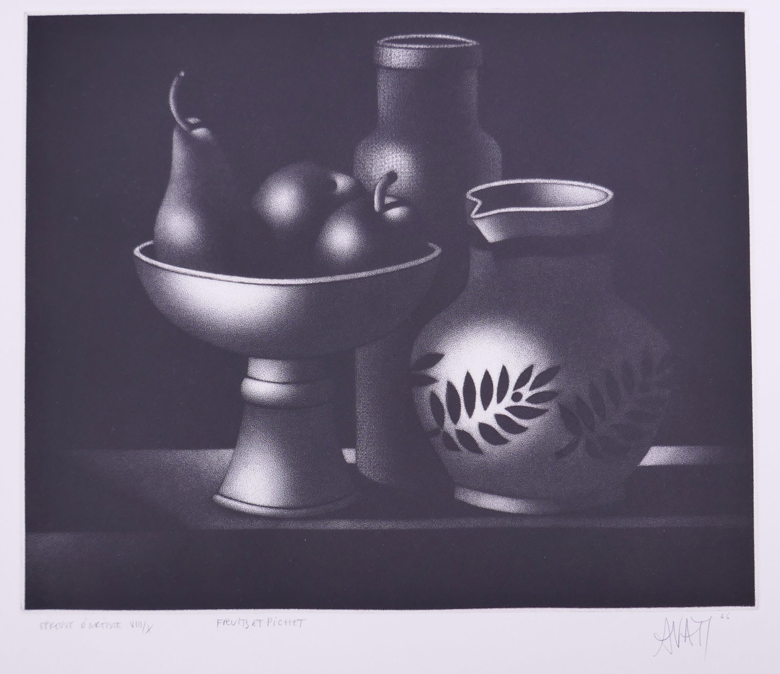Mario Avati (French, 1921–2009), Fruits et pichet, 1966 Mezzotint: Mario Avati (French, born Monaco, 1921–2009) was a painter and printmaker active in Paris and best known for his mastery of mezzotint, a demanding intaglio process highlighting shape and light. Avat
