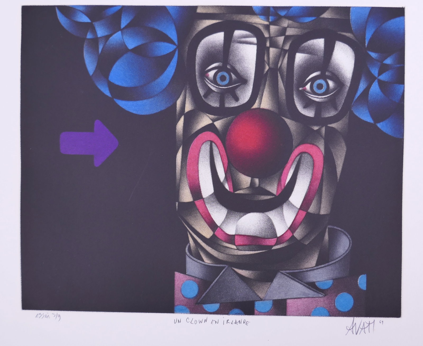 Mario Avati (French, 1921–2009), Un clown en Irlande, 1969 Color Mezzotint: Mario Avati (French, born Monaco, 1921–2009) was a painter and printmaker active in Paris and best known for his mastery of mezzotint, a demanding intaglio process highlighting shape and light. Avat