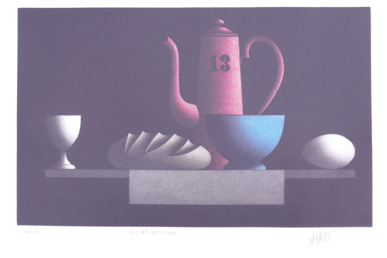 Mario Avati (French, 1921–2009), Où l’oeuf reste blanc, 1969 Color Mezzotint: Mario Avati (French, born Monaco, 1921–2009) was a painter and printmaker active in Paris and best known for his mastery of mezzotint, a demanding intaglio process highlighting shape and light. Avat