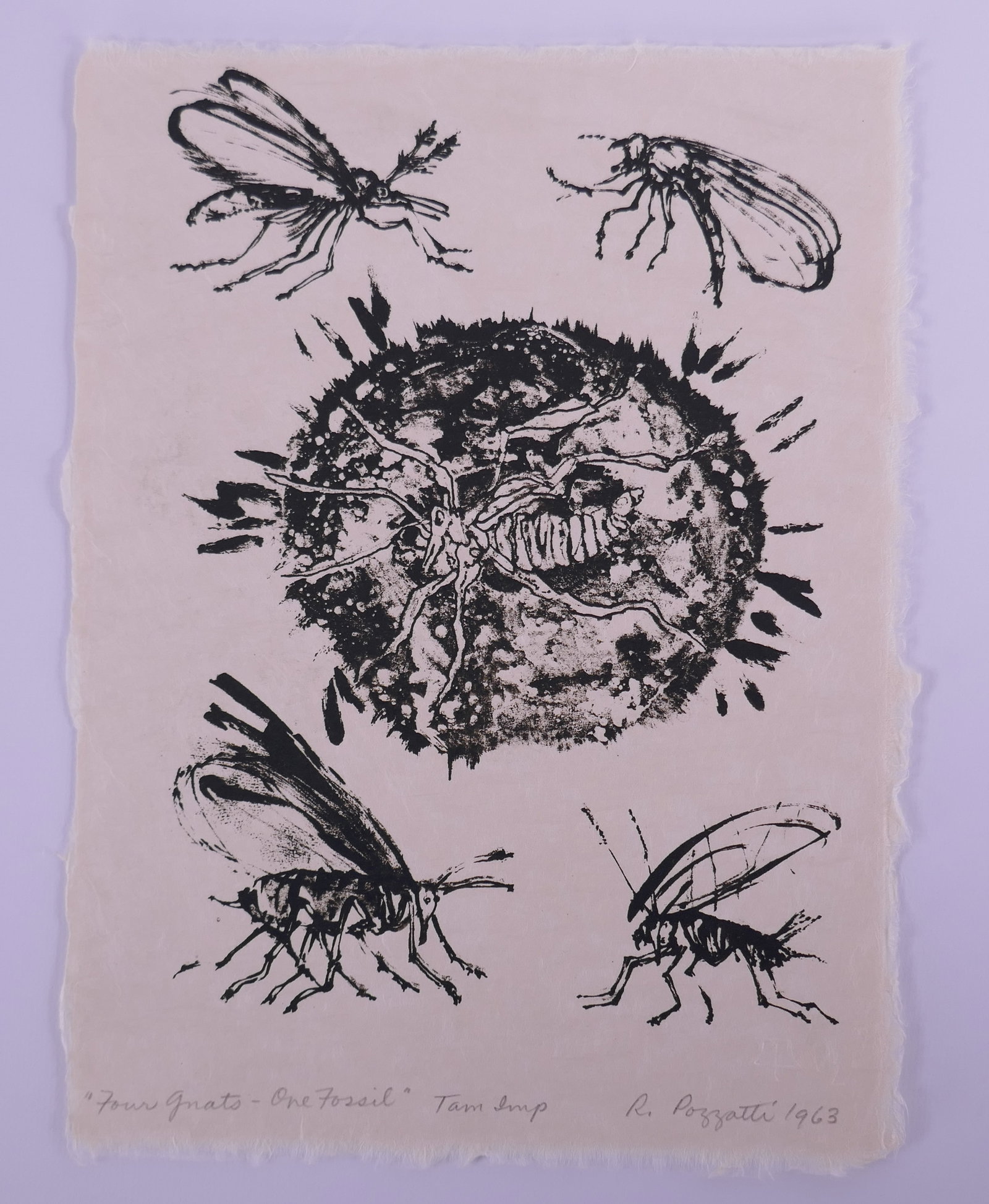 Rudy Pozzatti (American, 1925–2021), Four Gnats, One Fossil from Bugs, 1963 Lithograph (1 of 20)