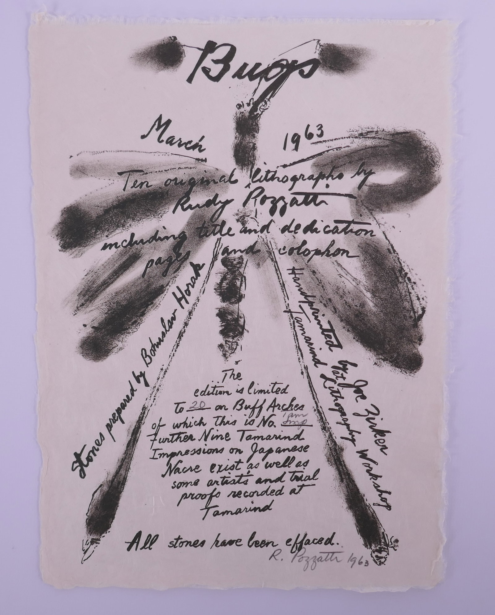 Rudy Pozzatti (American, 1925–2021), Colophon Page from Bugs, 1963 Lithograph (1 of 20)