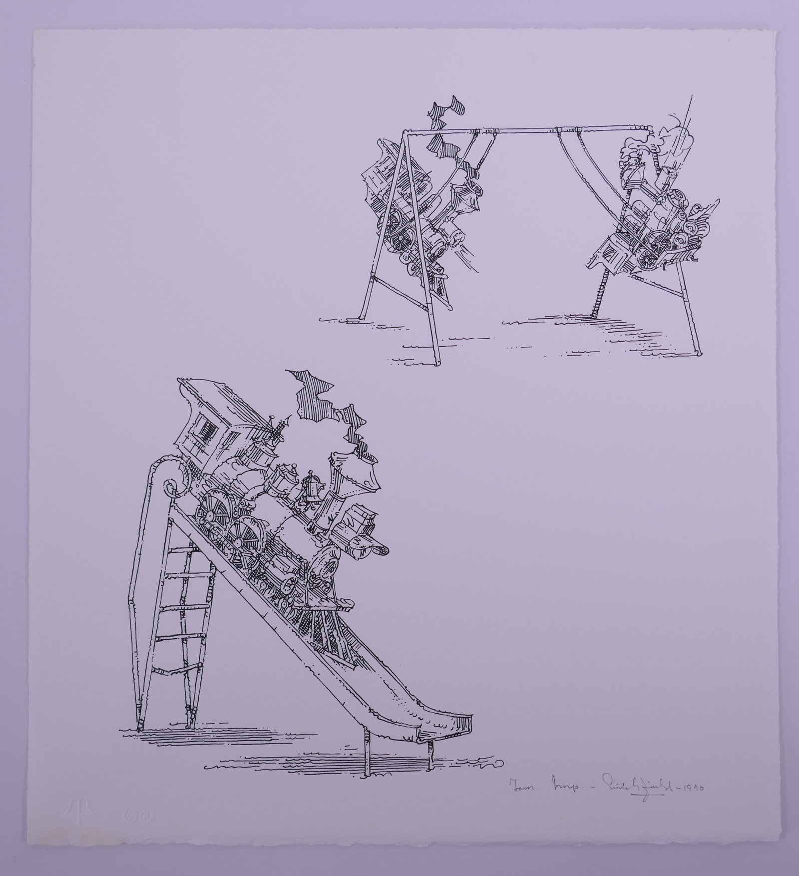 William Crutchfield (American, 1932–2015), Playground from Air Land Sea, 1970 Lithograph: William Crutchfield (American, 1932–2015) was a draftsman, printmaker, painter, and sculptor known for meticulously rendered images of trains, ships, airplanes, automobiles, and industrial machinery