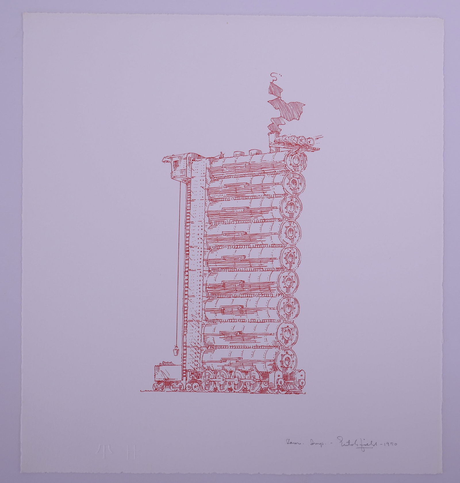 William Crutchfield (American, 1932–2015), 2-8-4 Flyer from Air Land Sea, 1970 Lithograph: William Crutchfield (American, 1932–2015) was a draftsman, printmaker, painter, and sculptor known for meticulously rendered images of trains, ships, airplanes, automobiles, and industrial machinery