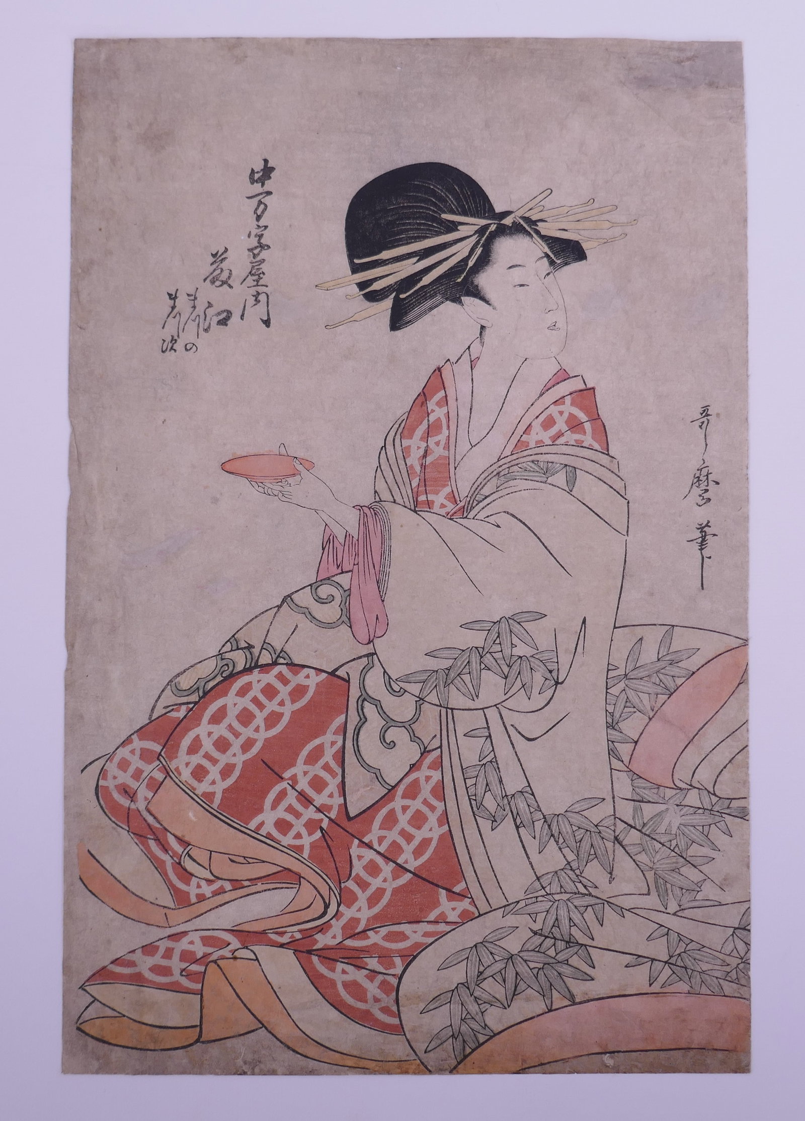 Unidentified Artist, Japanese Color Woodblock: Untitled, a color woodblock print on Japanese paper. Sheet measures approximately 14.125 x 9.5 inches. Condition: Overall toning and surface soiling with scattered spotting, fading, light creasing, an