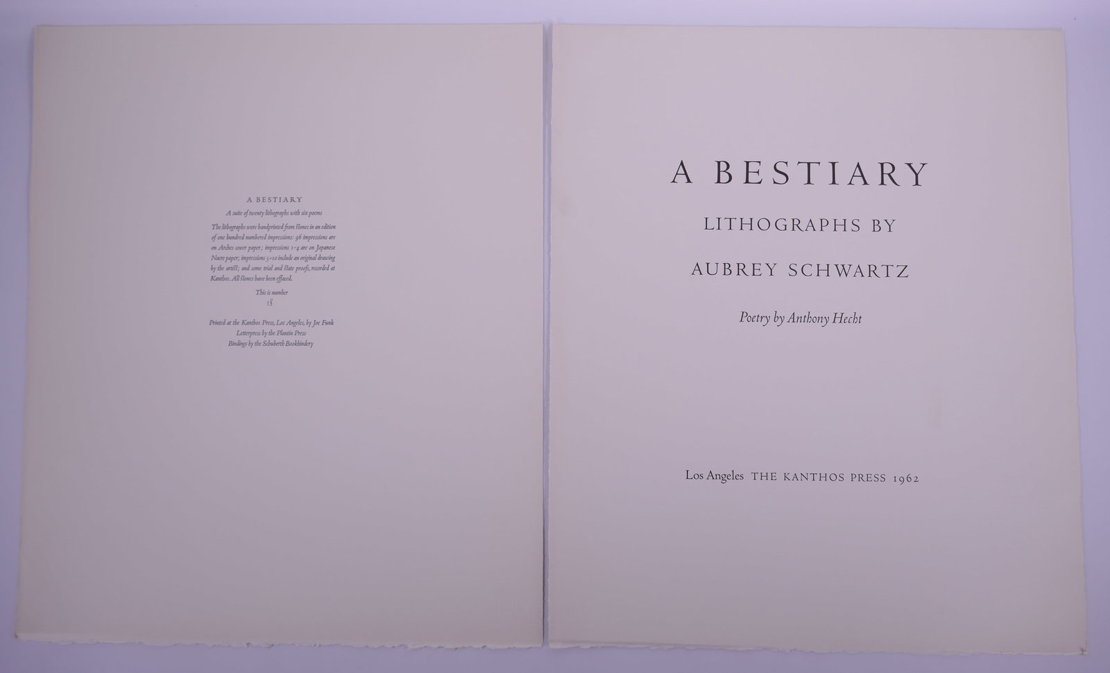 Aubrey Schwartz (American, 1928–2019), A Bestiary, 1962 Portfolio Title and Colophon Leaves (1 of 9)