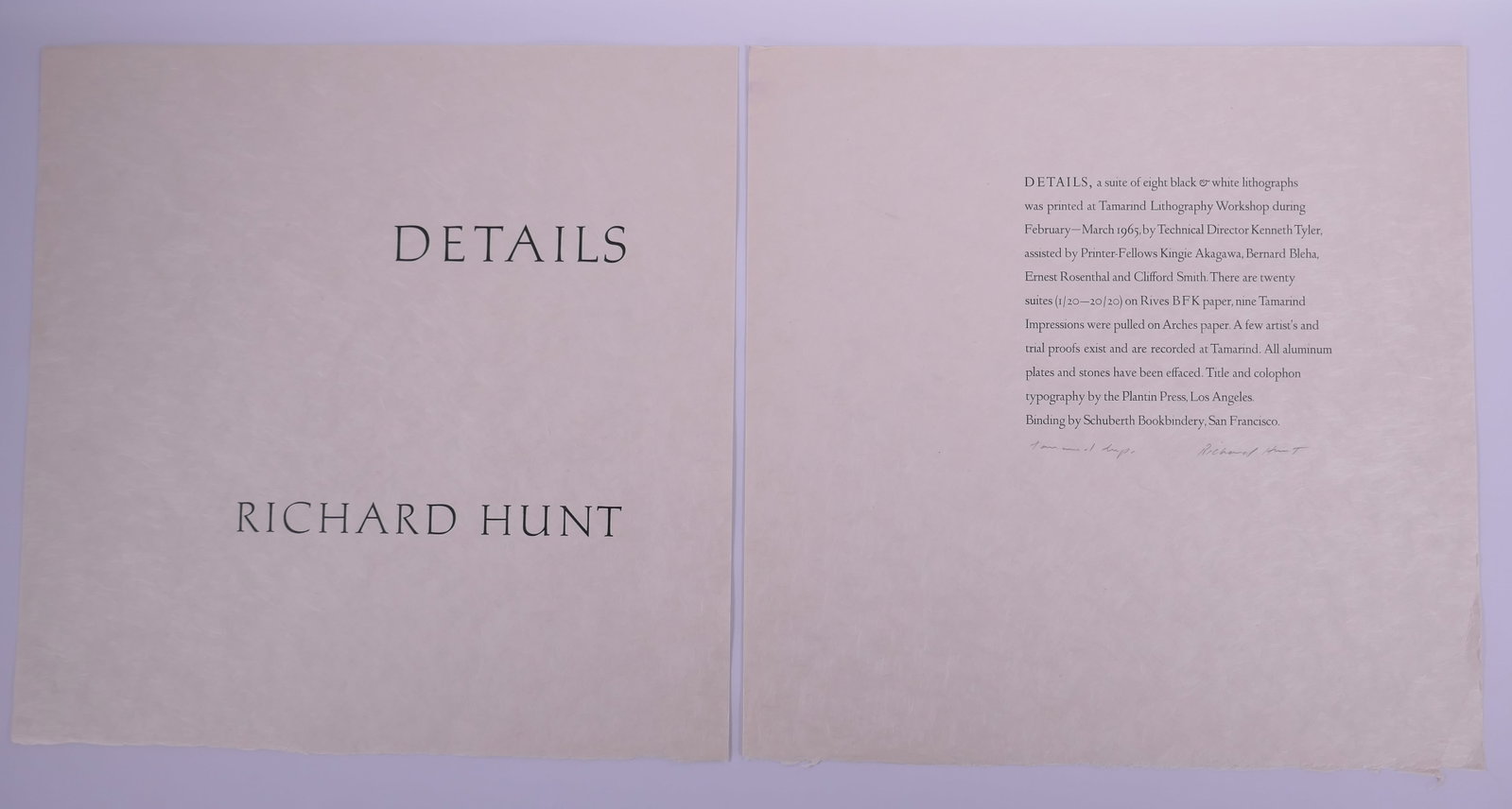 Richard Hunt (American, 1935–2023), Details, Signed Title and Colophon Leaves, 1965: Richard Hunt (American, 1935–2023) was a Chicago-born sculptor, draftsman, and printmaker, and a major figure in postwar American abstraction. Best known for welded and cast metal sculpture, Hunt de