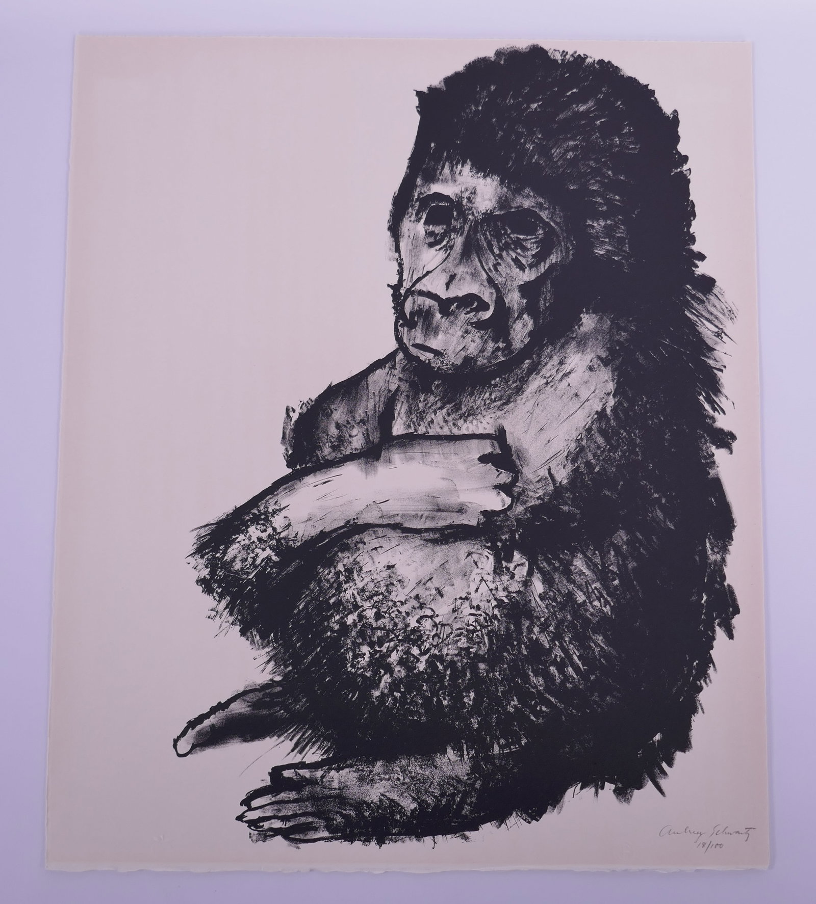 Aubrey Schwartz (American, 1928–2019), Gorilla, from A Bestiary, 1962 Lithograph: Aubrey Schwartz (American, 1928–2019) was a New York printmaker known for lithographs, etchings, and engravings ranging from expressive figure studies to animal subjects. His prints often use close 
