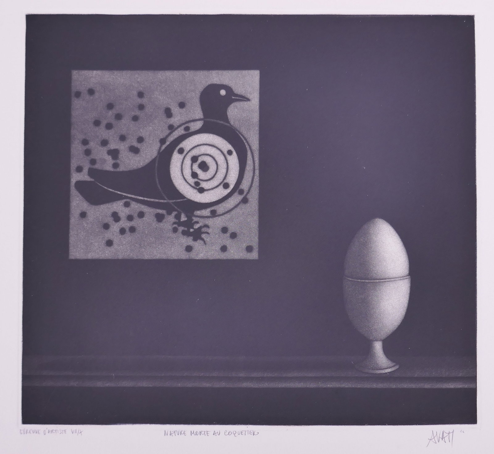 Mario Avati (French, 1921–2009), Nature morte au coquetier, 1962 Mezzotint: Mario Avati (French, born Monaco, 1921–2009) was a painter and printmaker active in Paris and best known for his mastery of mezzotint, a demanding intaglio process highlighting shape and light. Avat