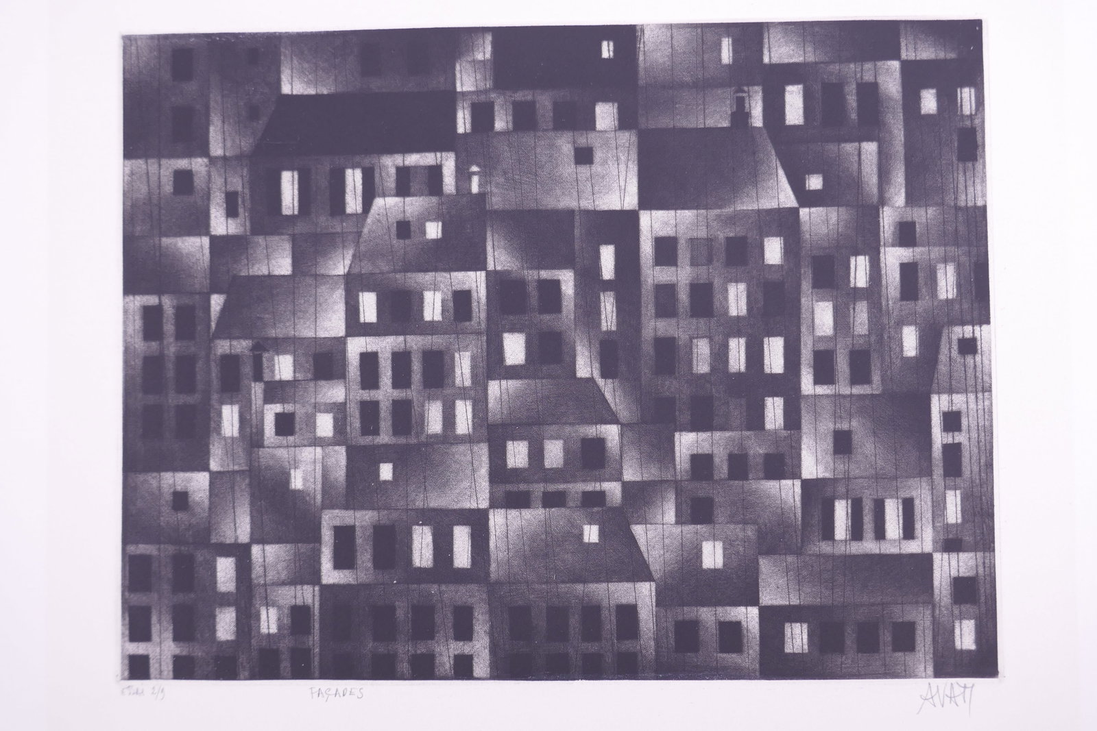 Mario Avati (French, 1921–2009), Façades, 1958 Mezzotint and Etching: Mario Avati (French, born Monaco, 1921–2009) was a painter and printmaker active in Paris and best known for his mastery of mezzotint, a demanding intaglio process highlighting shape and light. Avat