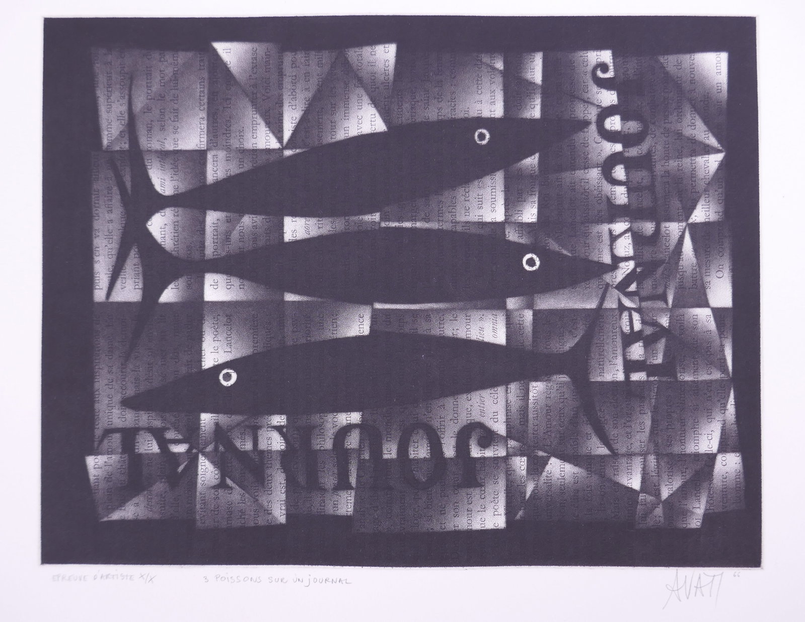 Mario Avati (French, 1921–2009), Trois poissons sur un journal, 1966 Mezzotint: Mario Avati (French, born Monaco, 1921–2009) was a painter and printmaker active in Paris and best known for his mastery of mezzotint, a demanding intaglio process highlighting shape and light. Avat