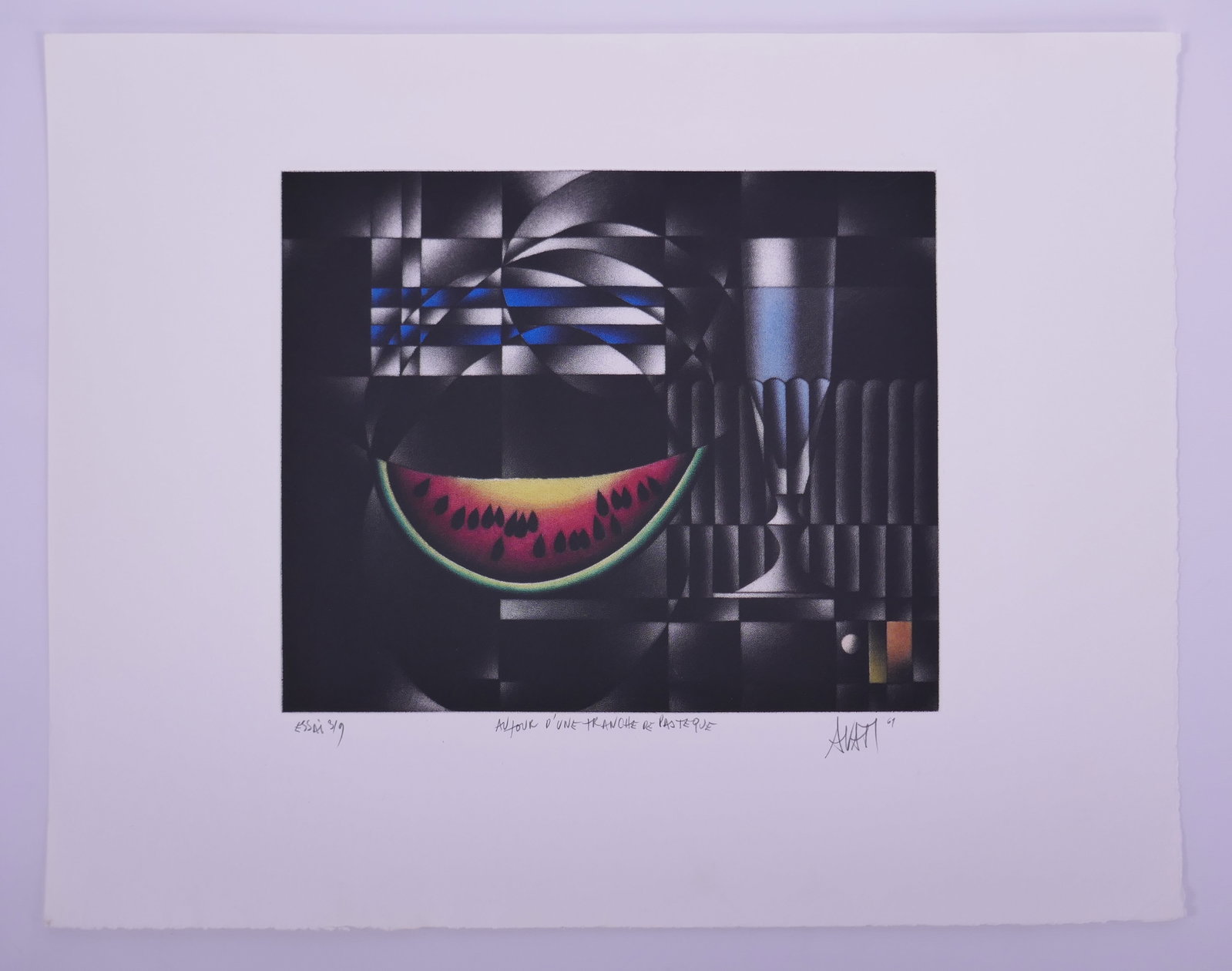 Mario Avati (French, 1921–2009), Autour d’une tranche de pastèque, 1969 Color Mezzotint: Mario Avati (French, born Monaco, 1921–2009) was a painter and printmaker active in Paris and best known for his mastery of mezzotint, a demanding intaglio process highlighting shape and light. Avat