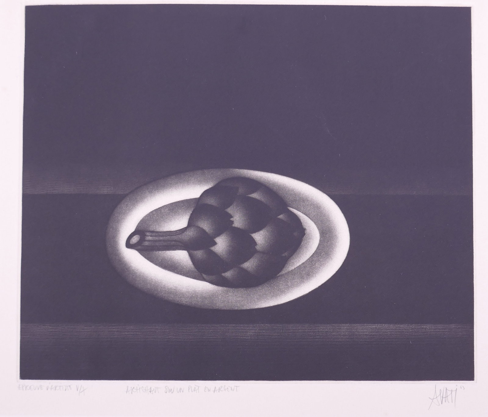 Mario Avati (French, 1921–2009), Artichaut sur un plat en argent, 1963 Mezzotint: Mario Avati (French, born Monaco, 1921–2009) was a painter and printmaker active in Paris and best known for his mastery of mezzotint, a demanding intaglio process highlighting shape and light. Avat