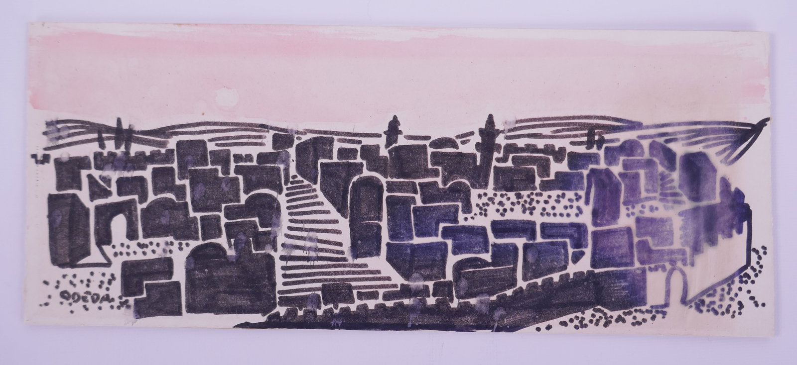 Unidentified Artist, Untitled Abstract Cityscape, Mixed Media on Paper: Untitled Abstract Cityscape is a mixed-media work in violet-black ink or felt-tip marker and pale pink watercolor on paper. The elongated composition is assembled from closely spaced rectangular forms
