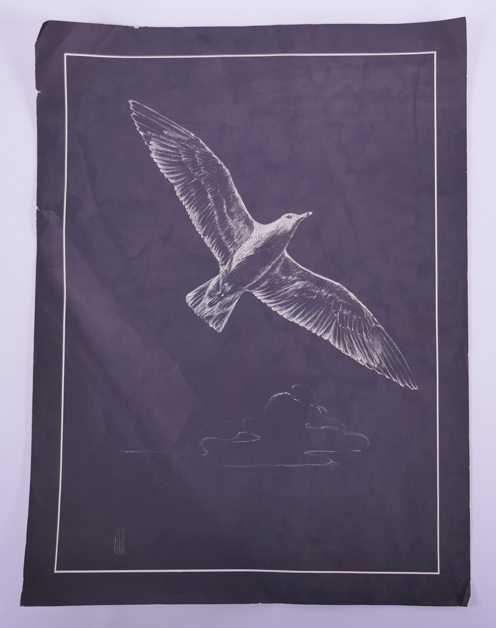 Unidentified Artist, Seagull, 20th Century Screenprint: Seagull is a screenprint in deep violet-gray ink on paper. A gull crosses the upper half of a nearly empty field, with faint clouds placed low beneath it and a narrow white rule enclosing the composit