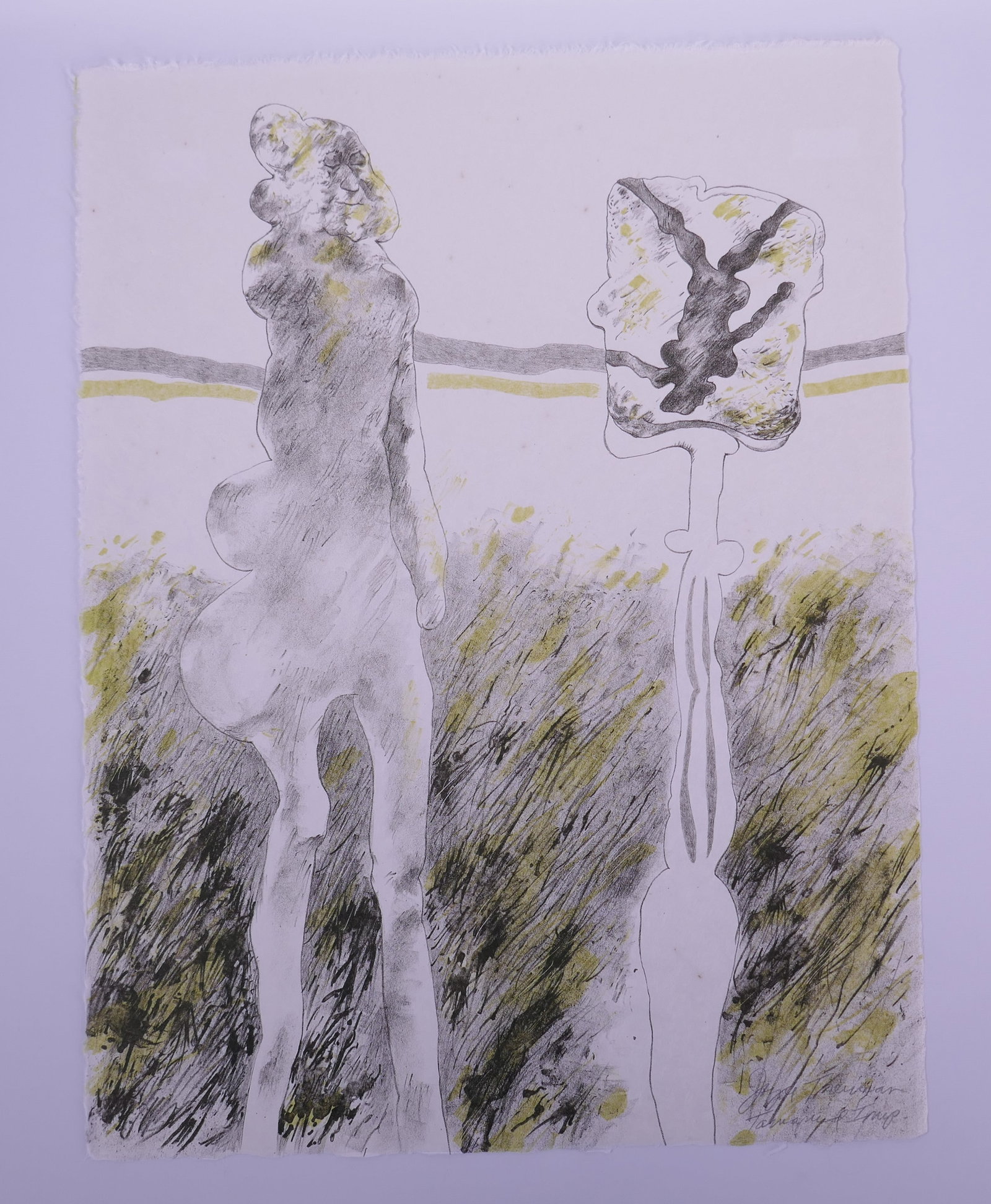 Joyce Treiman (American, 1922–1991), Untitled, The Mirrored Couple VII, 1961 Color Lithograph: Joyce Treiman (American, 1922–1991) was an American painter and printmaker known for an independent form of figurative expressionism that combined close observation of the human figure with the imme