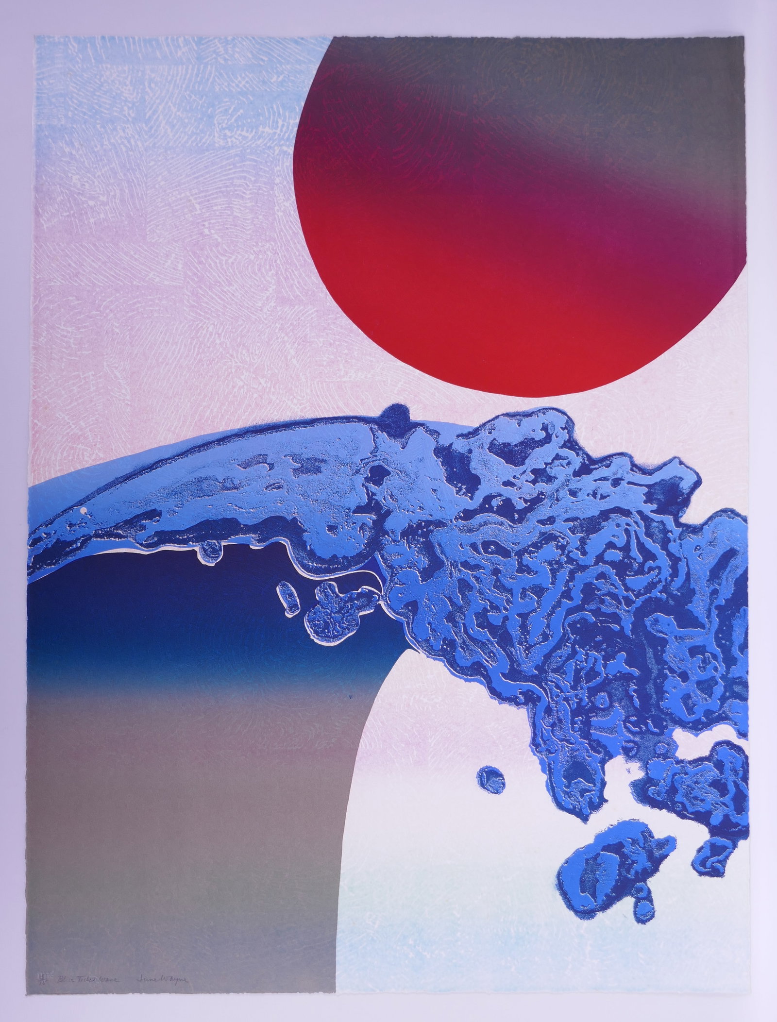 June Wayne (American, 1918–2011), Blue Tidal Wave, 1972 Color Lithograph: June Wayne (American, 1918–2011) was a highly influential American printmaker, painter, designer, author, and educator best known for founding the Tamarind Lithography Workshop in Los Angeles in 196