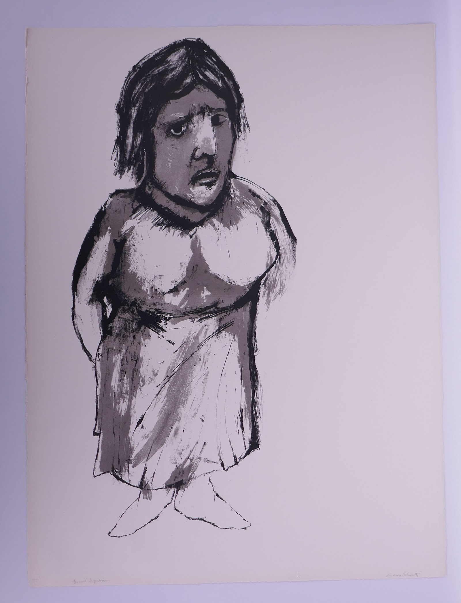 Aubrey Schwartz (American, 1928–2019), Woman, from The Midget and the Dwarf II, 1960 Lithograph: Aubrey Schwartz (American, 1928–2019) was a New York printmaker known for lithographs, etchings, and engravings ranging from expressive figure studies to animal subjects. His prints often use close 