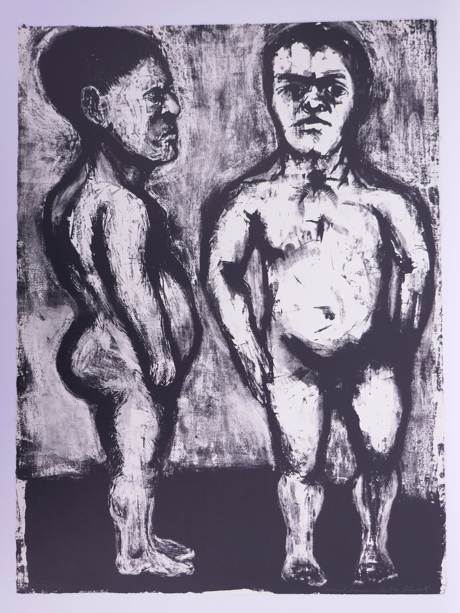 Aubrey Schwartz (American, 1928–2019), Nude Dwarfs, The Midget and the Dwarf VI, 1960 Lithograph: Aubrey Schwartz (American, 1928–2019) was a New York printmaker known for lithographs, etchings, and engravings ranging from expressive figure studies to animal subjects. His prints often use close 