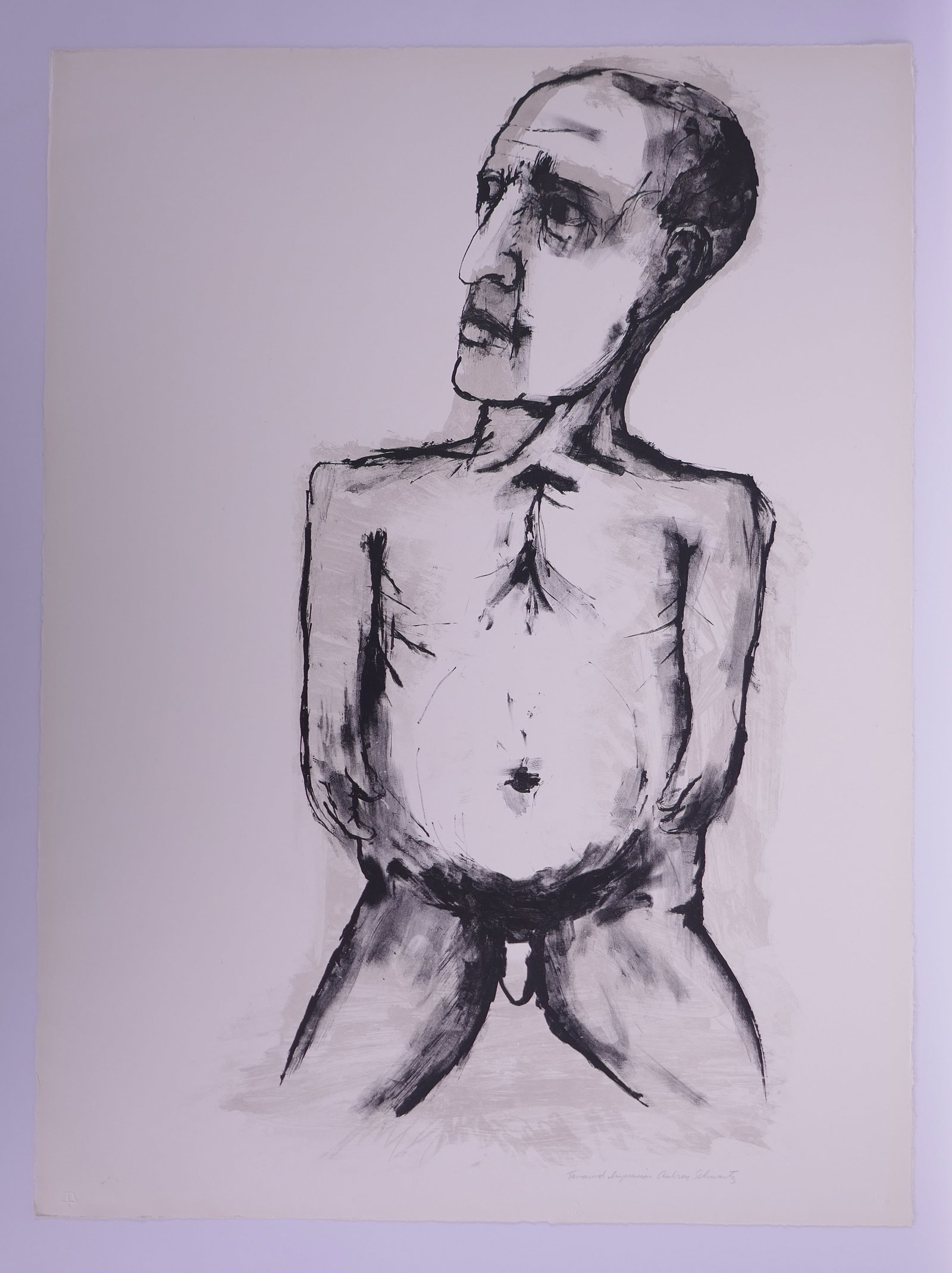 Aubrey Schwartz (American, 1928–2019), The Dwarf, from The Midget and the Dwarf X, 1960 Lithograph: Aubrey Schwartz (American, 1928–2019) was a New York printmaker known for lithographs, etchings, and engravings ranging from expressive figure studies to animal subjects. His prints often use close 
