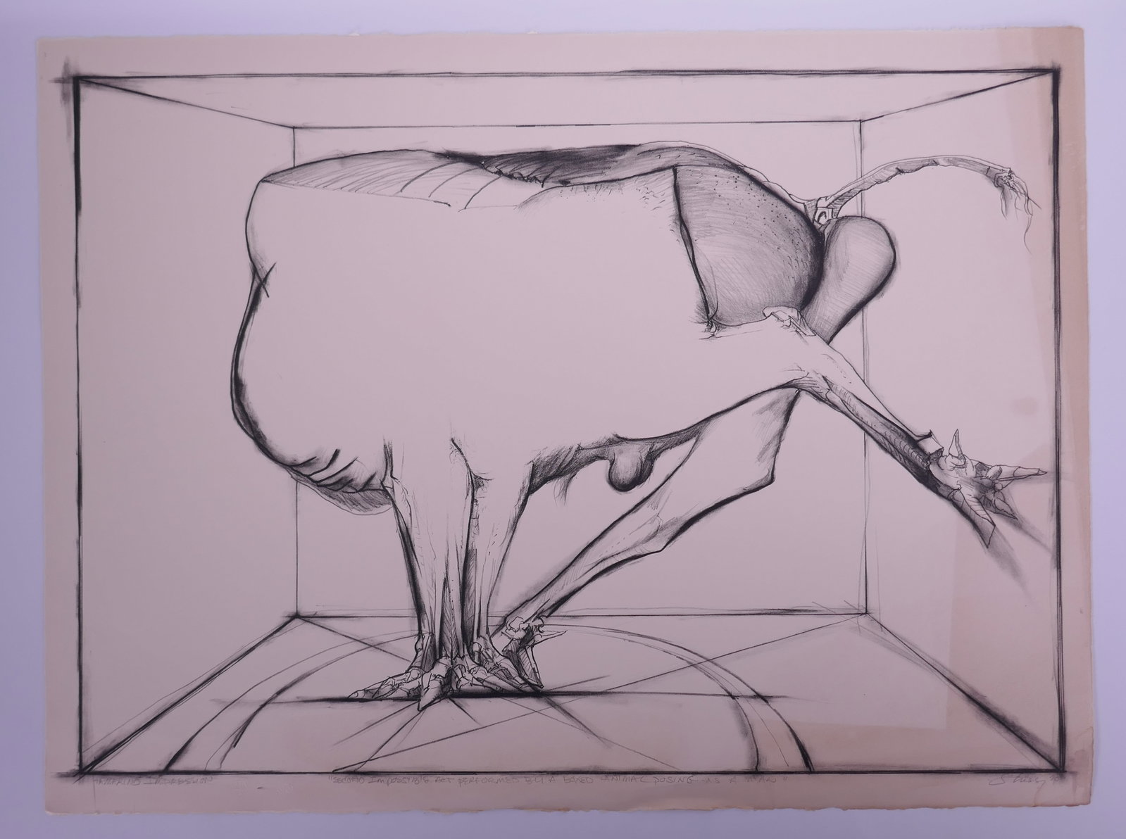 Jan Stussy, Second Impossible Act Performed by a Boxed Animal Posing as a Man, 1970 Lithograph: Jan Stussy (1921-1990) was an American painter, printmaker, filmmaker, and longtime UCLA professor whose work remained centered on the human figure. His figures are often distorted or compressed, with