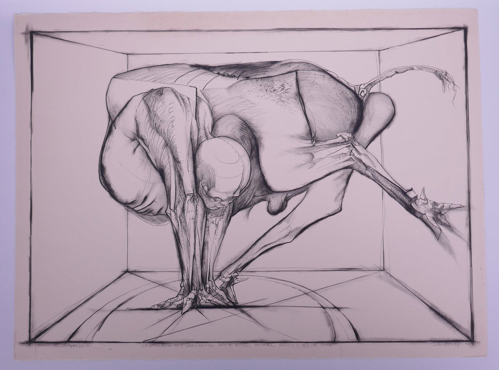 Jan Stussy, Impossible Act Performed by a Boxed Animal Posing as a Man, 1970 Lithograph: Jan Stussy (1921-1990) was an American painter, printmaker, filmmaker, and longtime UCLA professor whose work remained centered on the human figure. His figures are often distorted or compressed, with