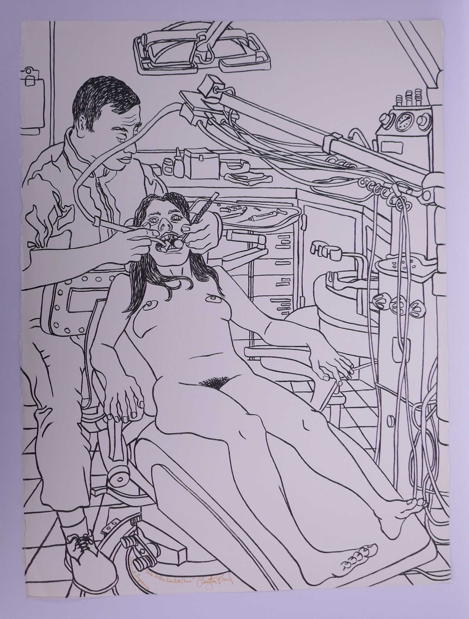 Clayton Pond (American, b. 1941), Nude in the Dentist Chair, 1970 Lithograph: Clayton Pond is an American painter, printmaker, and sculptor known for turning ordinary objects into sharply observed, brightly colored compositions. Born in New York in 1941, he earned his BFA from 