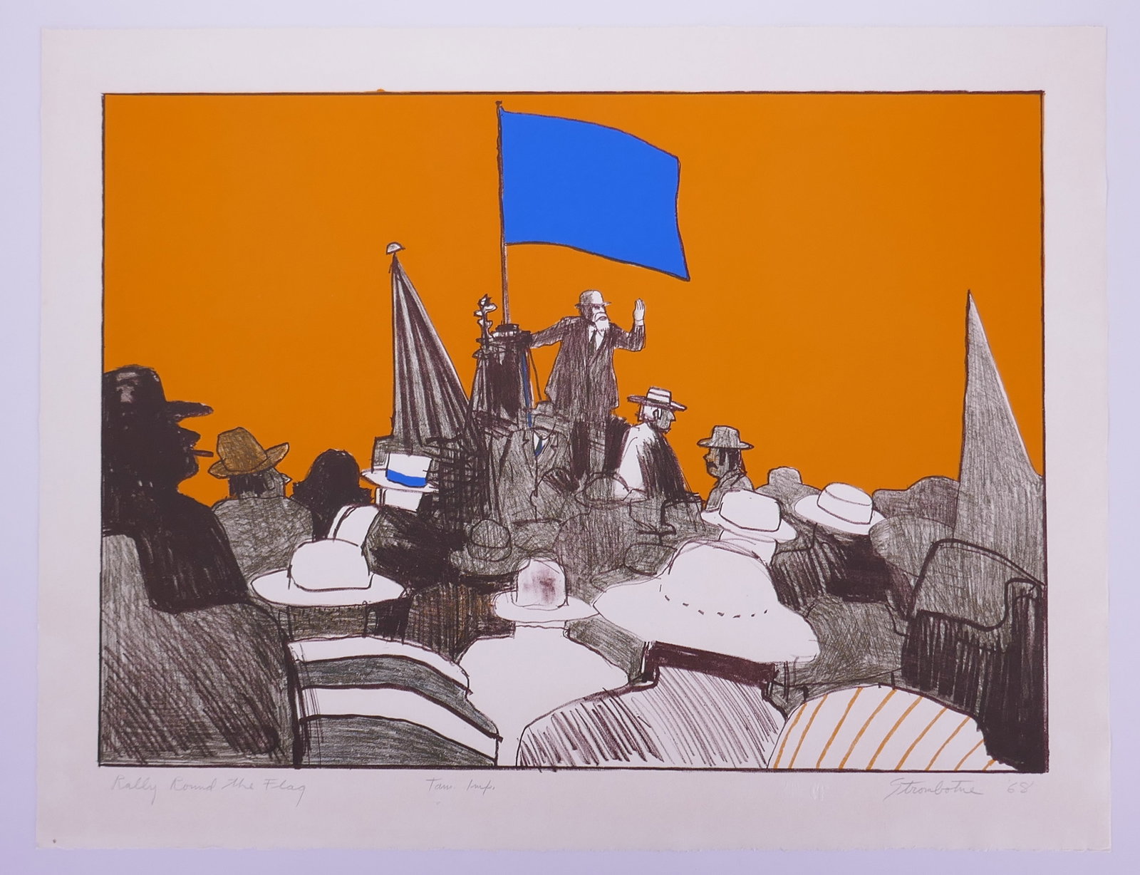James Strombotne (American, b. 1934), Rally Round the Flag, Recognitions II, 1968 Color Lithograph: James Strombotne is a Southern California figurative painter and printmaker associated with the postwar Claremont art community. After earning his MFA from Claremont Graduate School in 1959, he taught
