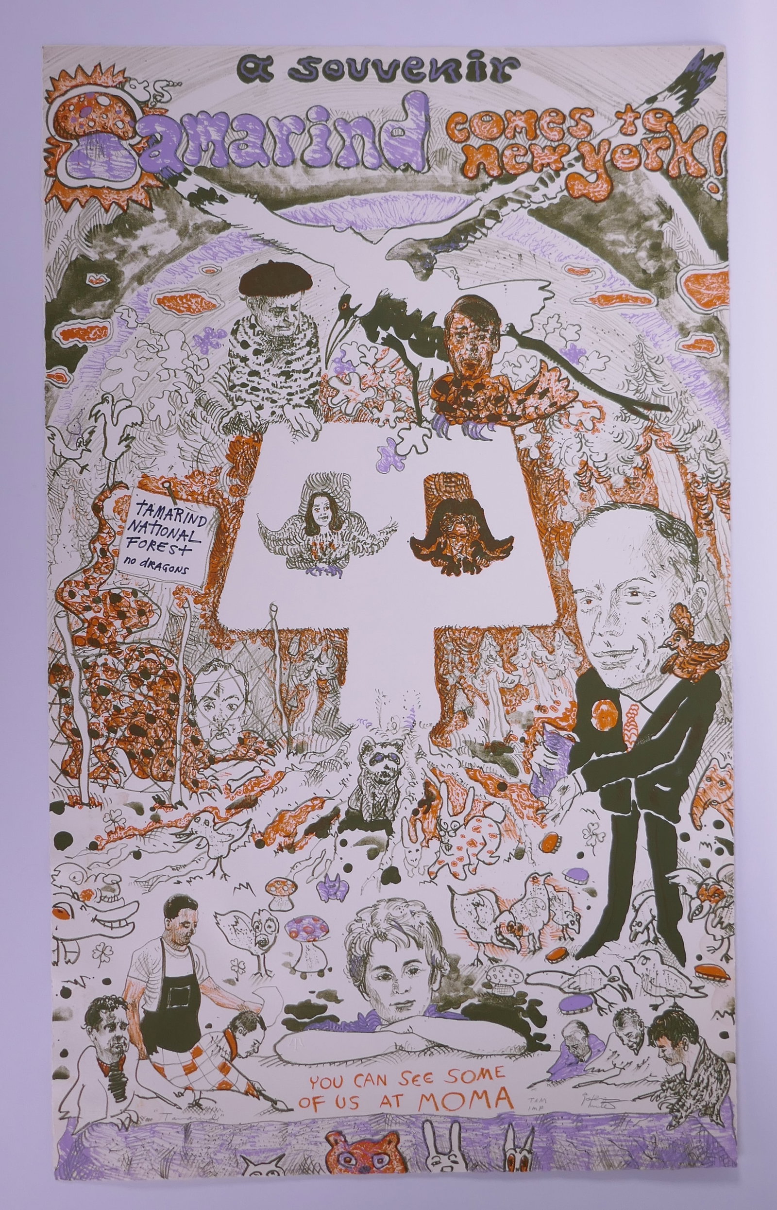 John H. Hunter (American, b. 1934), Tamarind, 1969 Color Lithograph: John H. Hunter (American, b. 1934) is an American painter, collagist, and printmaker known for densely layered, satirical compositions populated by caricatured figures, animals, handwritten text, and 