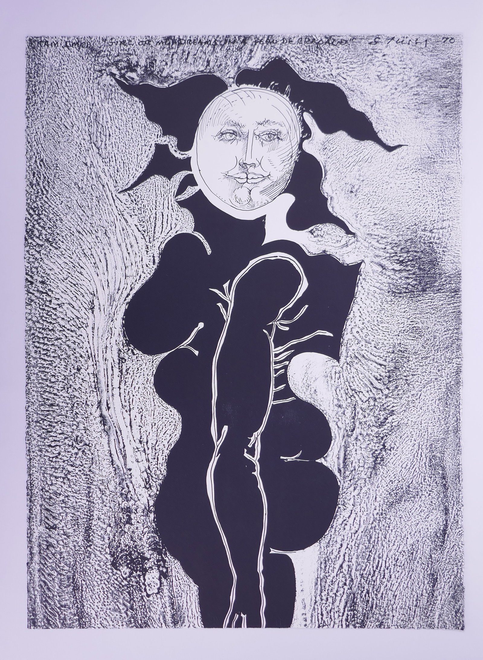 Jan Stussy (American, 1921–1990), Girl of My Dreams in a Peau de Crapaud, 1970 Lithograph: Jan Stussy (1921-1990) was an American painter, printmaker, filmmaker, and longtime UCLA professor whose work remained centered on the human figure. His figures are often distorted or compressed, with