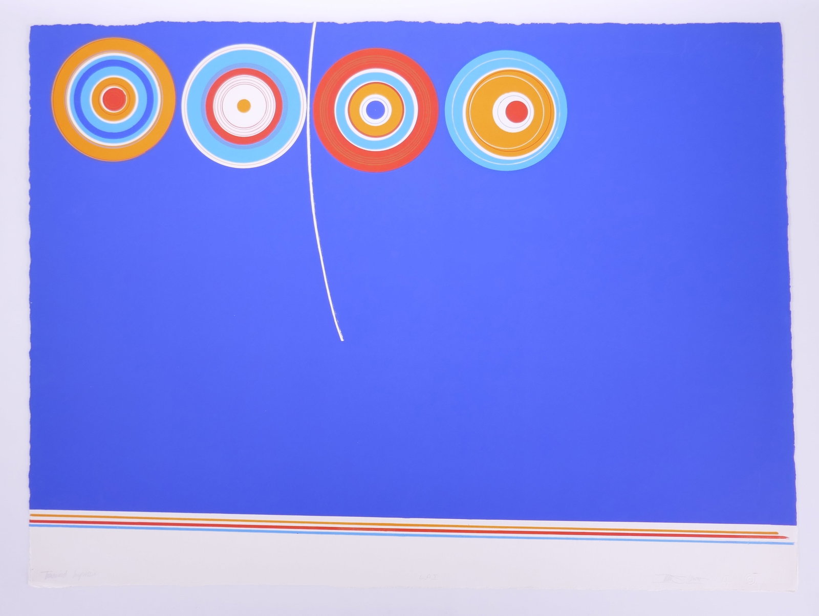 Ian Lawson (American, b. 1942), L.A. 1, 1966 Color Lithograph: Ian Lawson (American, b. 1942) is an American artist and printmaker associated with the Tamarind Lithography Workshop during the 1960s. His lithographs employ repeated circular motifs, saturated color