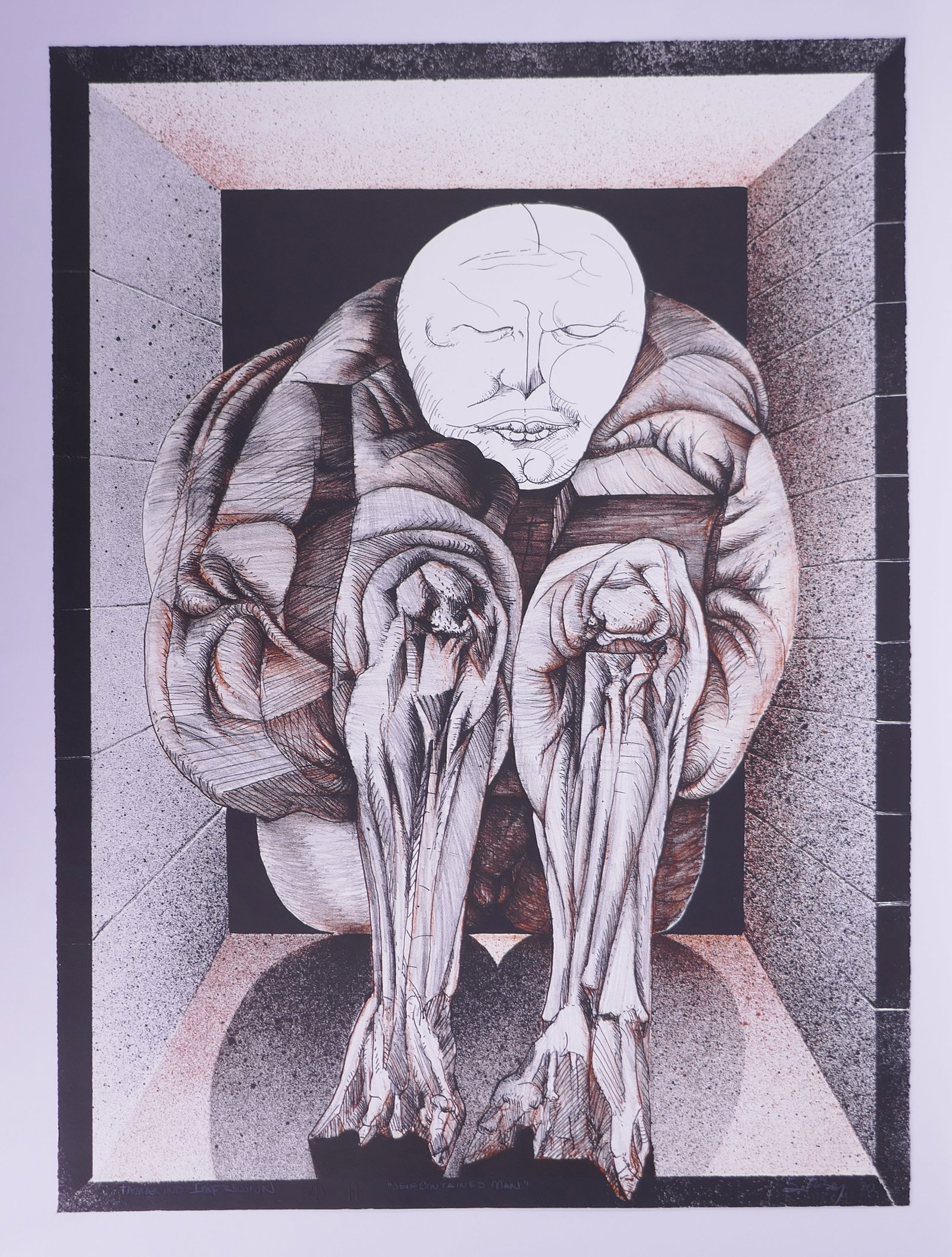 Jan Stussy (American, 1921–1990), Self-Contained Man, 1970 Color Lithograph: Jan Stussy (1921-1990) was an American painter, printmaker, filmmaker, and longtime UCLA professor whose work remained centered on the human figure. His figures are often distorted or compressed, with