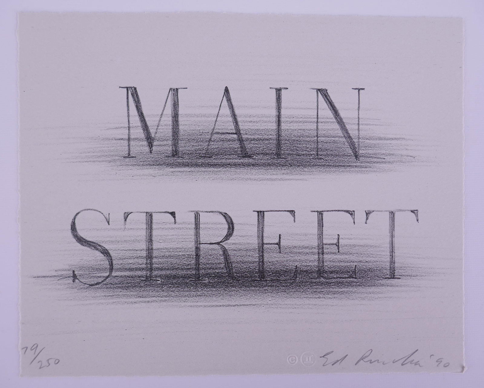 Ed Ruscha (American, born 1937), Main Street, 1990, Lithograph: Ed Ruscha (American, b. 1937) is a major figure in postwar Los Angeles art, known for combining words, ordinary objects, commercial graphics, and atmospheric space. After moving to Los Angeles in 1956