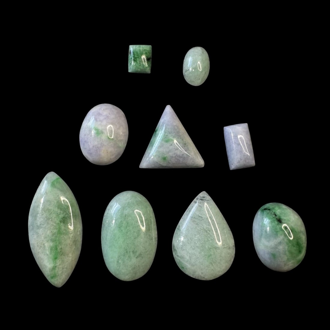 Rare Parcel of natural Guatemalan Jadeite Jade Cabochons - Type A - 36.66 Carats: Parcel of Natural Guatemalan Jadeite Jade Cabochons – Type A – 36.66 Carats Total – Imperial Green & Lavender (10 pcs)Description:Beautiful parcel of 10 natural Guatemalan jadeite jade