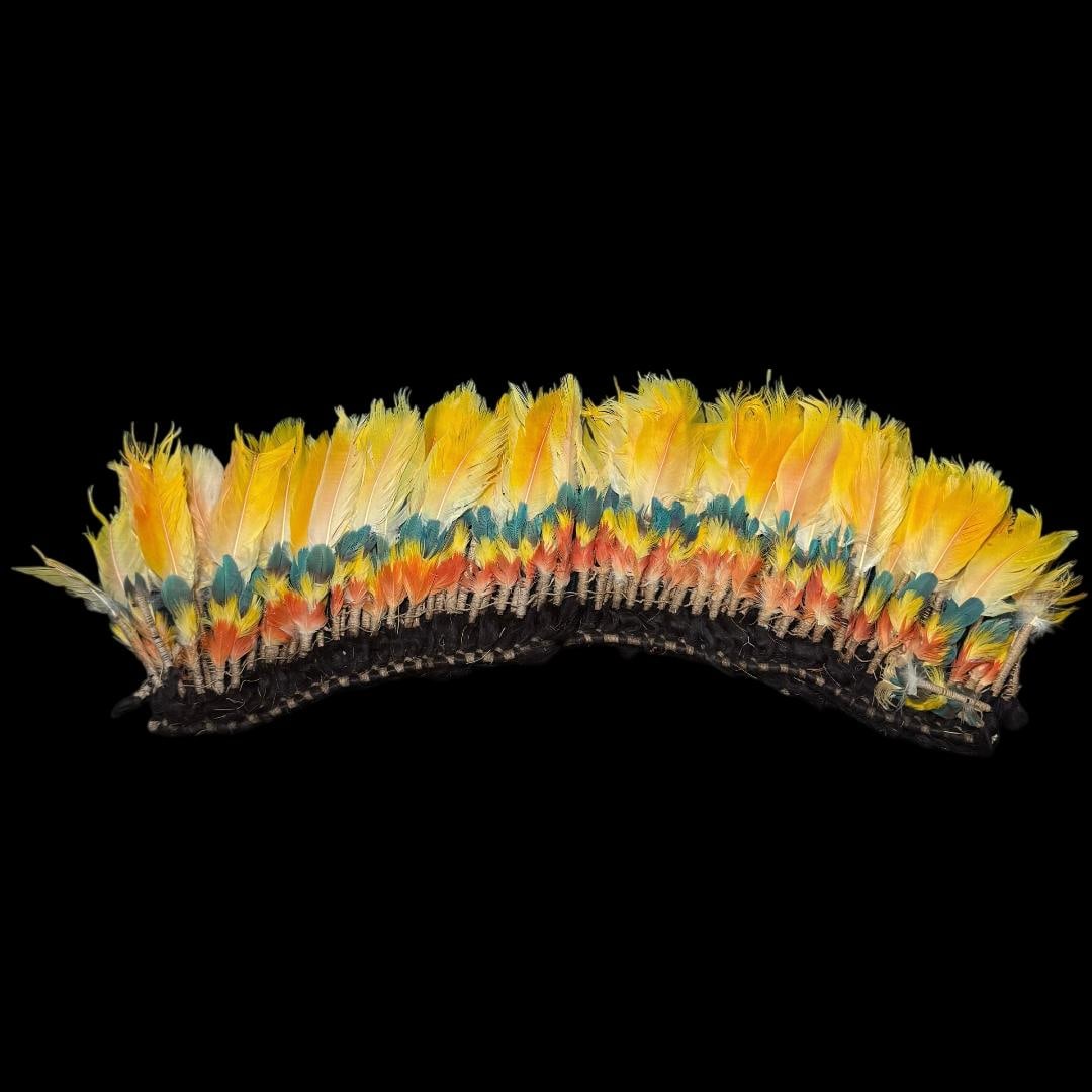 Indigenous Amazonian Brazilian Feather Headdress Panel Tribal Art: Handcrafted Indigenous Amazonian Brazilian feather adornment panel, originally created as part of a traditional headdress or regalia element. The piece features layered natural feathers in vibrant yel