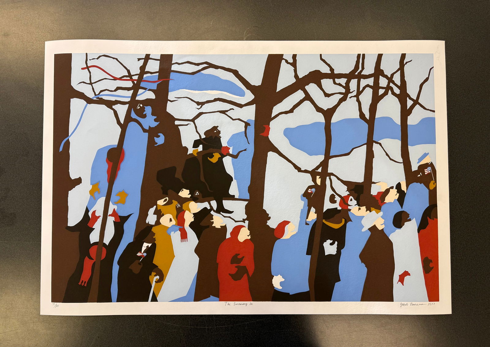Jacob Lawrence "The Swearing In, 1977" Offset Lithograph: Jacob Lawrence "The Swearing In, 1977" Offset Lithograph, Signed and dated, Measures 37.50 x 25.00 inches.