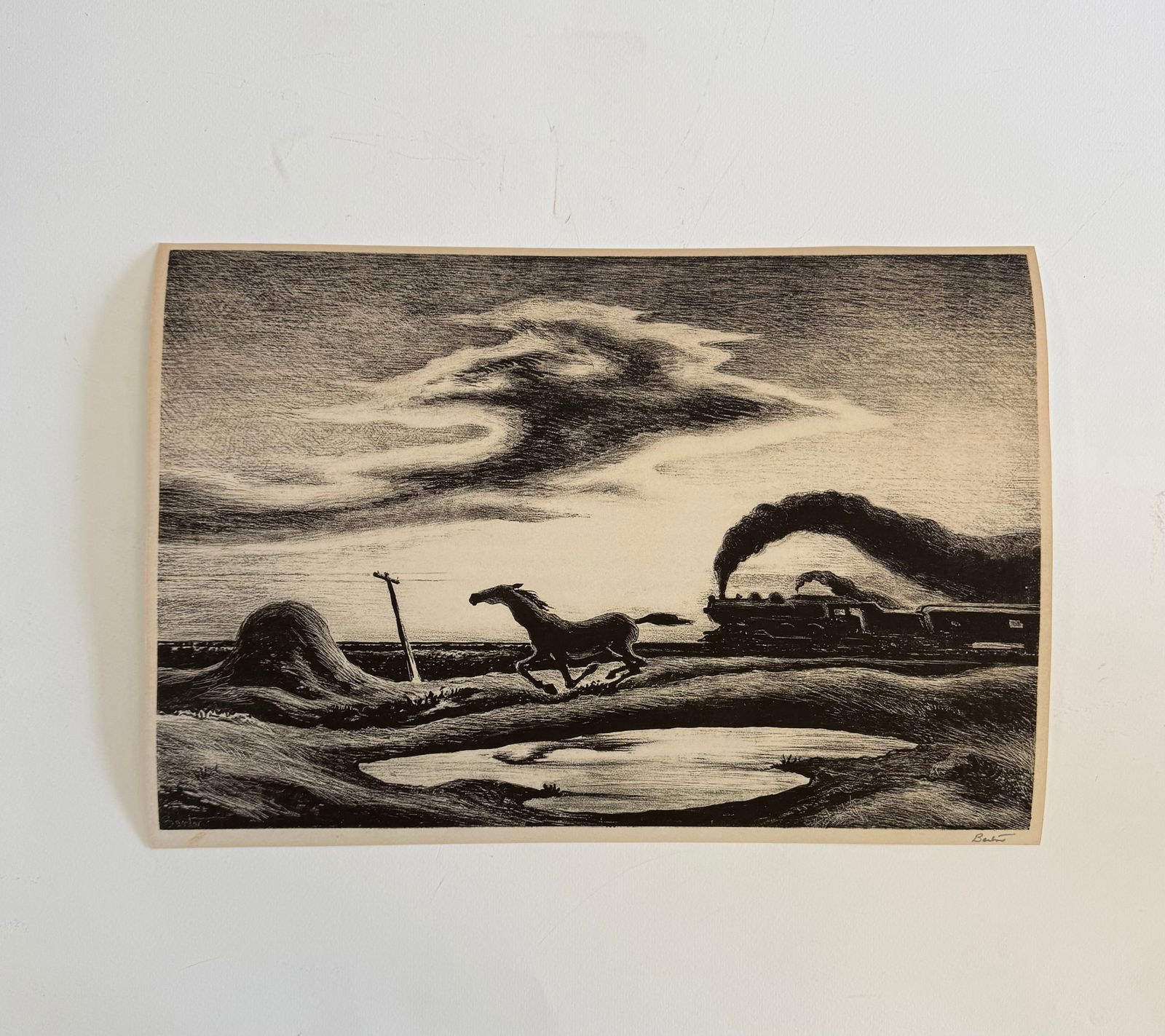 THOMAS HART BENTON(1889-1975) The Race: THOMAS HART BENTON(1889-1975) The Race print, on BKRives paper, 1942, Pencil signed, with full margins, measures approx 10.75 X 15 inches, Print date unknown