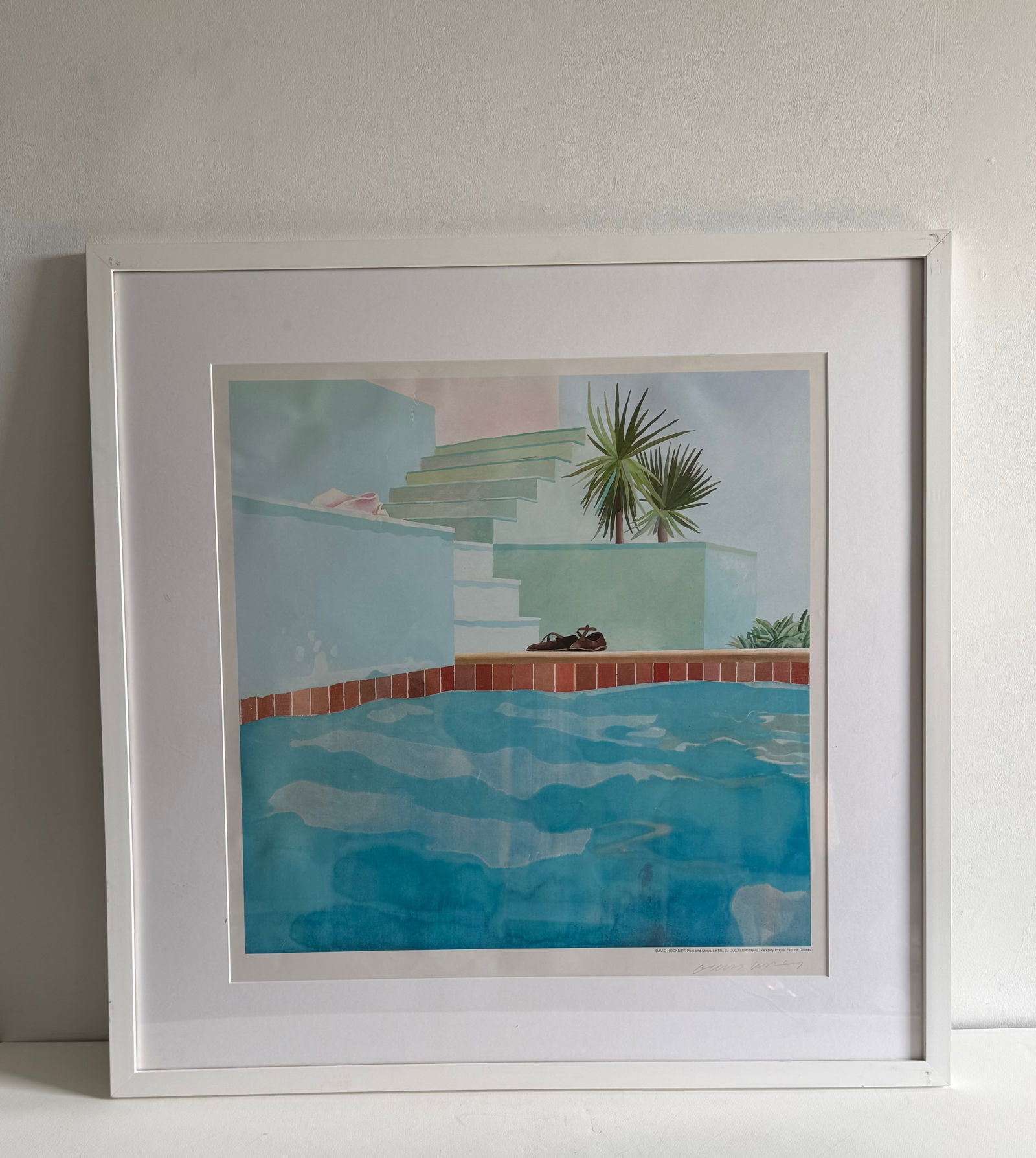 David Hockney "Pool and Steps" offset lithograph pencil signed: David Hockney "Pool and Steps" offset lithograph pencil signed, Measures 31 1/2 x 31 1/2 inches framed, sight 22 1/2 x 23 inches, pencil signed lower right by the artist