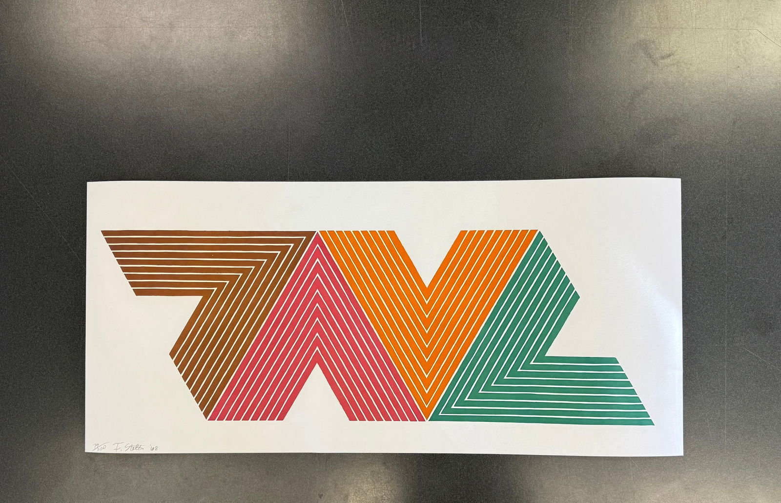 FRANK STELLA (B.1936) Empress of India II, from V Series: FRANK STELLA (B.1936) Empress of India II, from V Series, Print in colors, on heavy Wove paper, 1968, Pencil signed and dated, measures 16 X 35 in