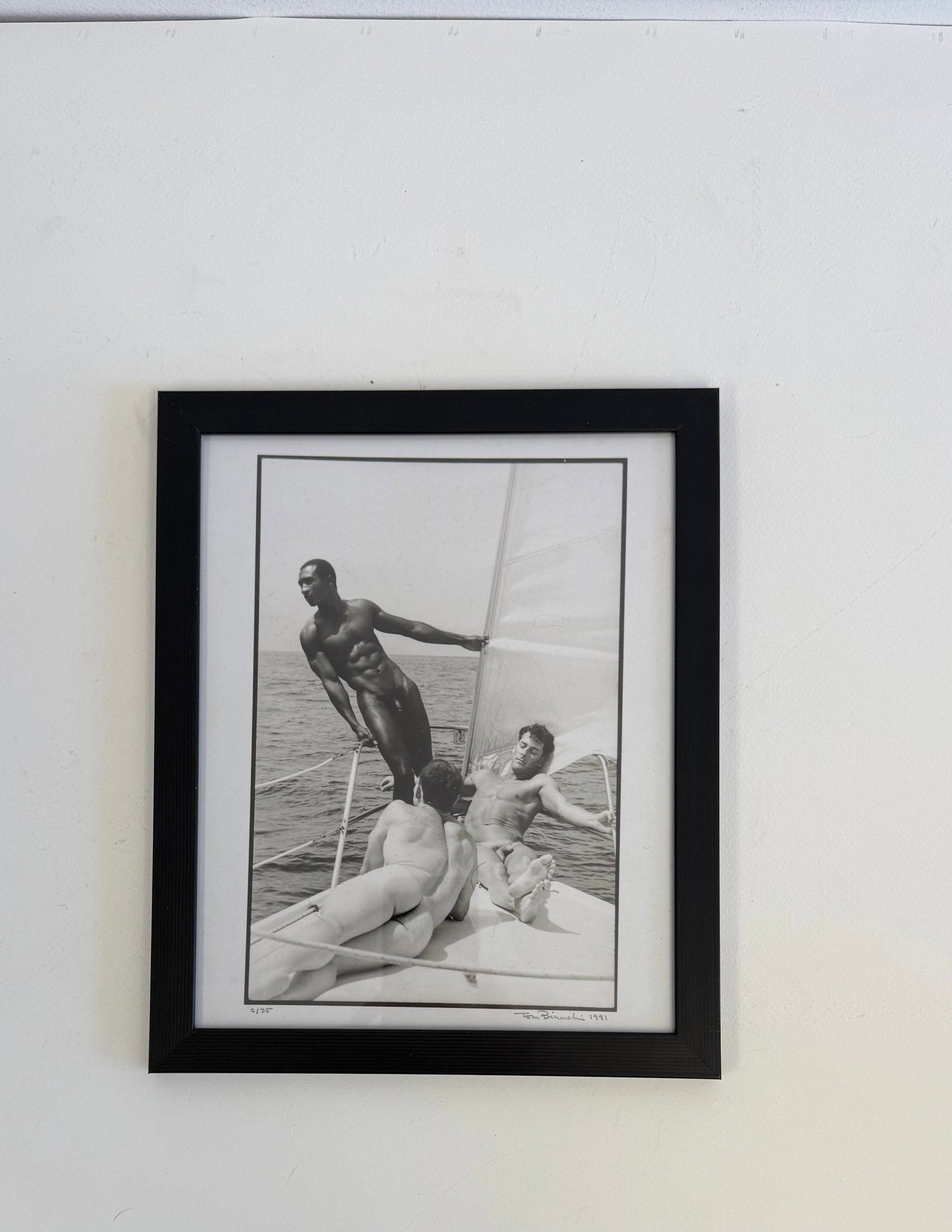 Tom Bianchi "Sailboat, Male Nude" Print: Tom Bianchi "Sailboat, Male Nude" Photo Print on high gloss kodak paper, Measures 8 X 10 inches, print date unknown.