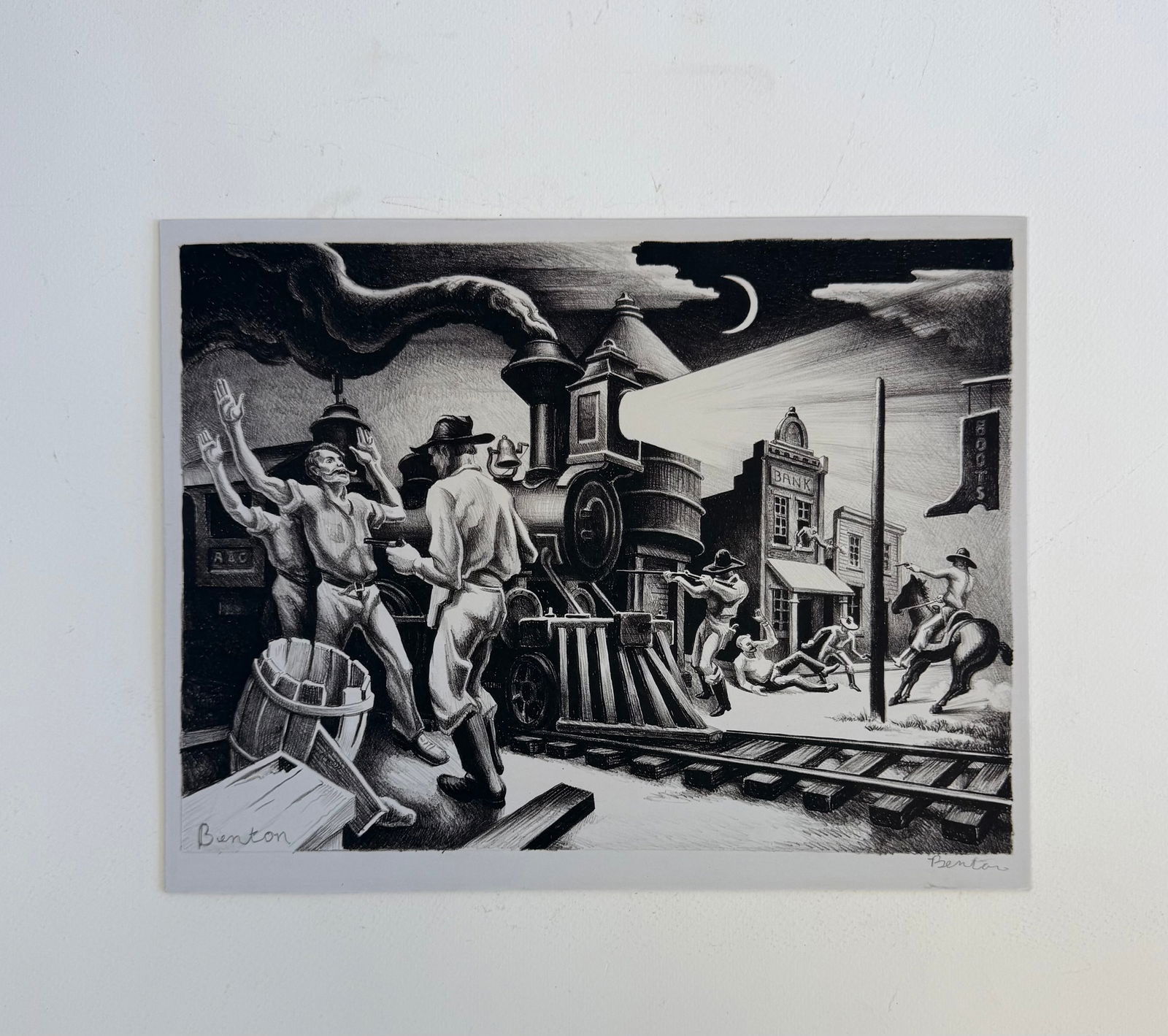 Thomas Hart Benton "JESSE JAMES" pencil signed: THOMAS HART BENTON(1889-1975) Jesse James, on BKRives paper, 1942, Pencil signed, with full margins, measures approx 10.75 X 15 inches, Print date unknown