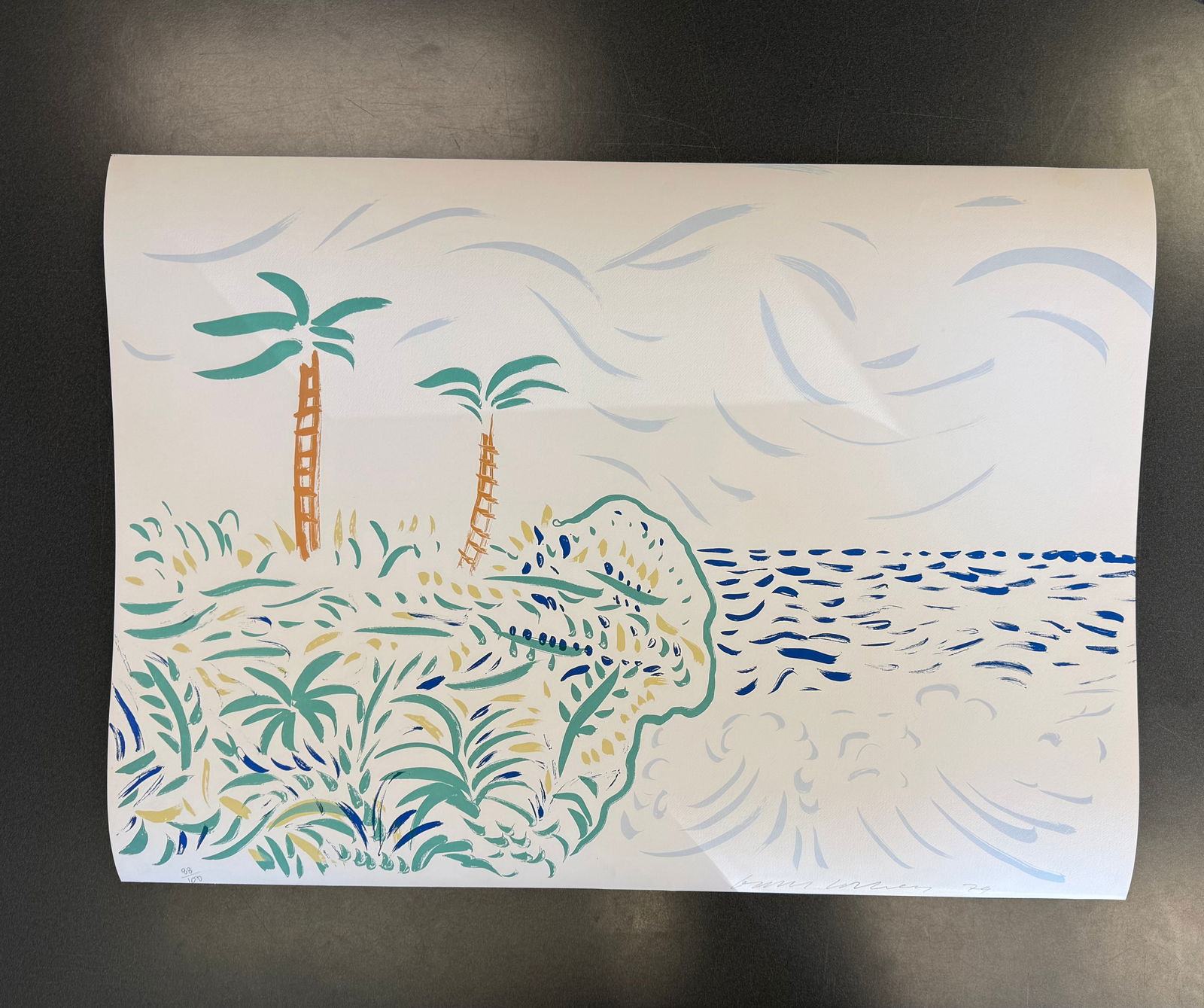 DAVID HOCKNEY "Bora Bora": DAVID HOCKNEY "Bora Bora" lithograph in colors, on Arches cover paper, 1979, signed and dated in pencil, numbered 38/100 Measures 34.5x48 inches.