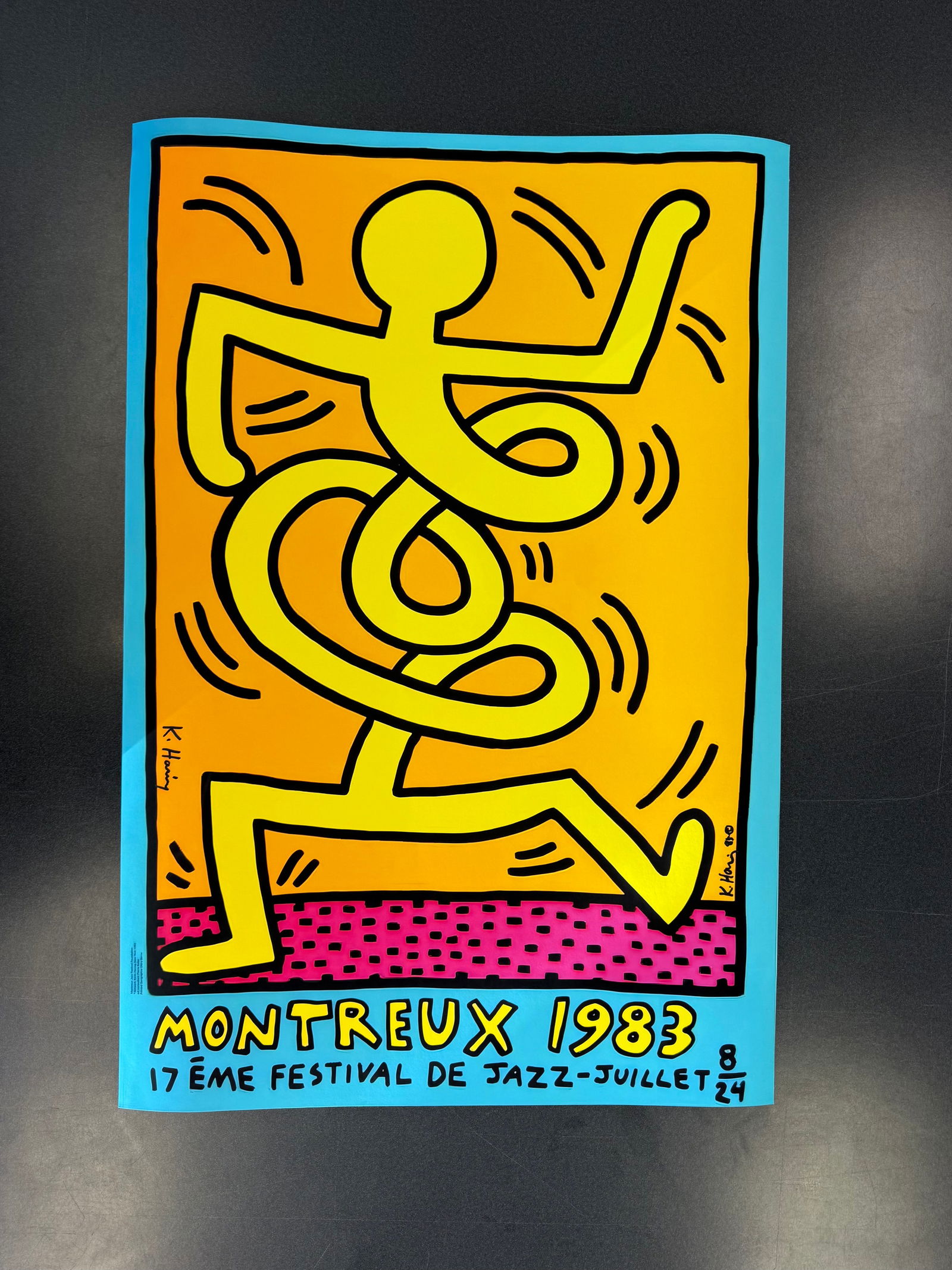 Keith Haring (Montreux, 1983) Blue: Keith Haring (American, 1958 - 1990). "Montreux [Jazz Festival] 1983 - Orange Background/Green Border" Signed in black marker, lower left; signed and dated in the plate. Edition unknown. wove paper.